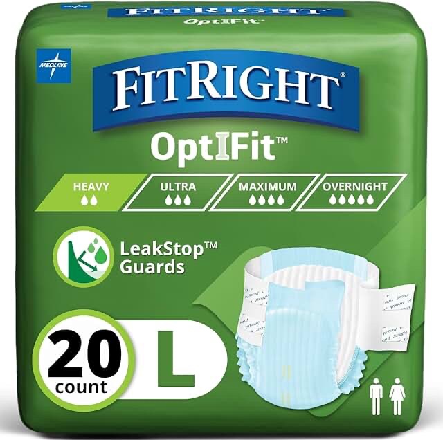 fitright optifit extra+ adult diapers with leak stop guards, disposable incontinence briefs with tabs, moderate absorbency, large, 44"-56", 20 count (pack of 4)