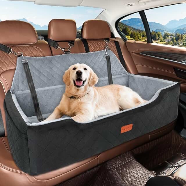large dog car seat under 100 ibs, washable dog car bed for 2 medium dogs, detachable pet booster seat with storage pocket and seat belt for back seat dog travel bed 