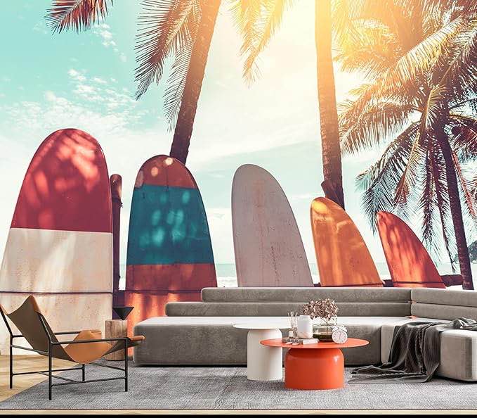 JHGRXFHB-Summer Scene at a Tropical Beach with Many Colorful Surfboards Peel and Stick 90" x 67"