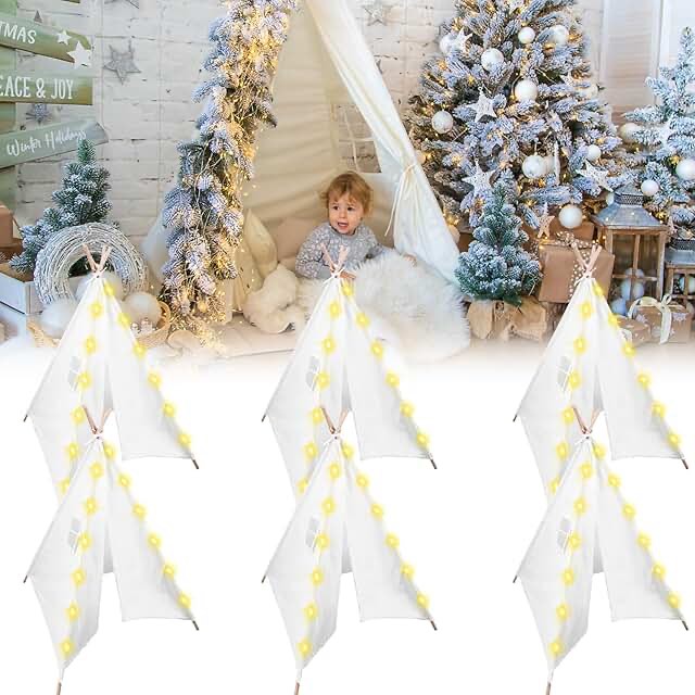 6 packs teepee tent for kids with 10ft string lights, indoor outdoor play teepee tent for girls & boys, foldable tents for birthday party boho sleepovers party pajama party (white) (missing one pack of lights)