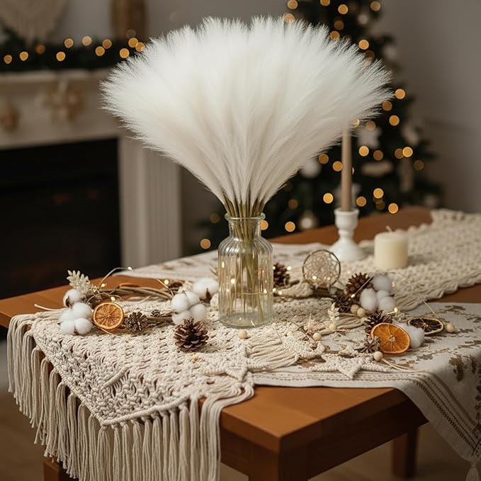 Chuangdi 150 Pcs Pampas Grass Wedding Decor 21.65" Faux Pampas Grass Decor Bulk Boho Curly Stems Picks Ornaments for Vase Table Centerpiece Xmas Tree Topper Wedding Party Home(White)