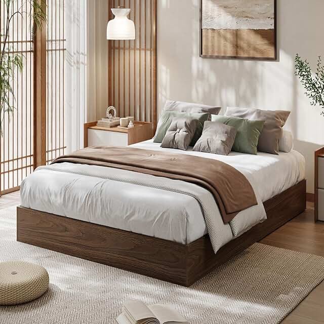 Modern Minimalist Sturdy Wood Twin XL Platform Bed Frame - Noise-Free Floor Bed, Sturdy Wooden Slats, No Headboard, Space-Saving, Easy Assembly, No Box Season Needed - Walnut, Twin-XL