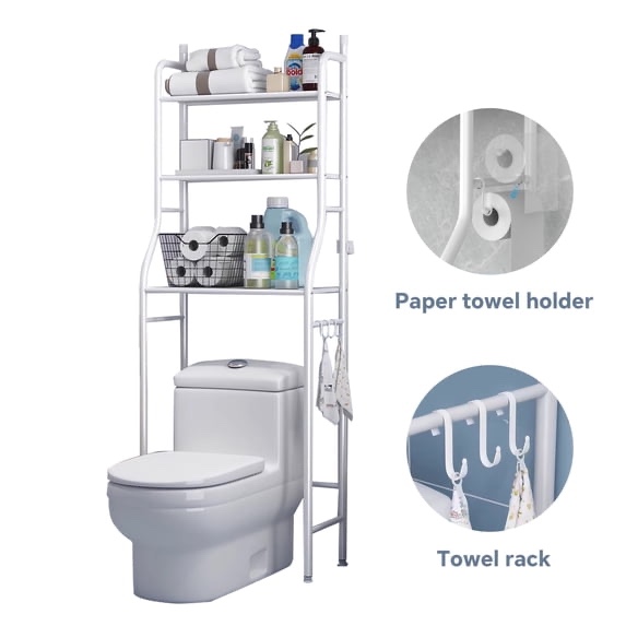 hioha over the toilet storage, 3-tier bathroom organizer with paper holder & 3 hooks, sturdy & stable freestanding space saver toilet rack, white