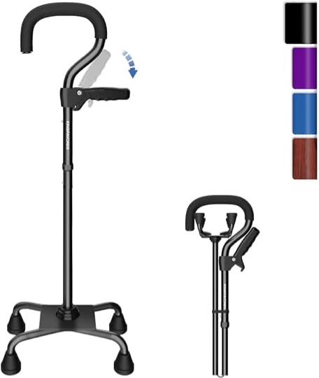 adjustable walking cane for men & women with 4-pronged base for extra stability - foldable cane for seniors with foam padded offset handle for soft grip & a second handle for standing black