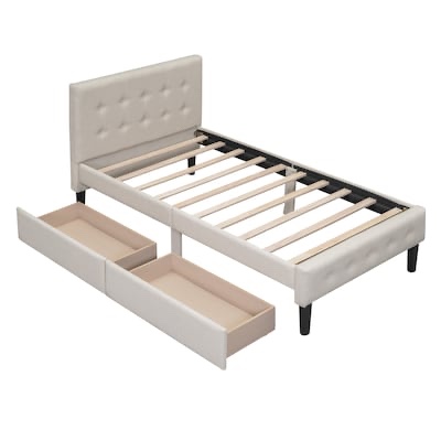 ModernLuxe Assembly Required Twin Size Upholstered Platform Bed with 2 Drawers Beige