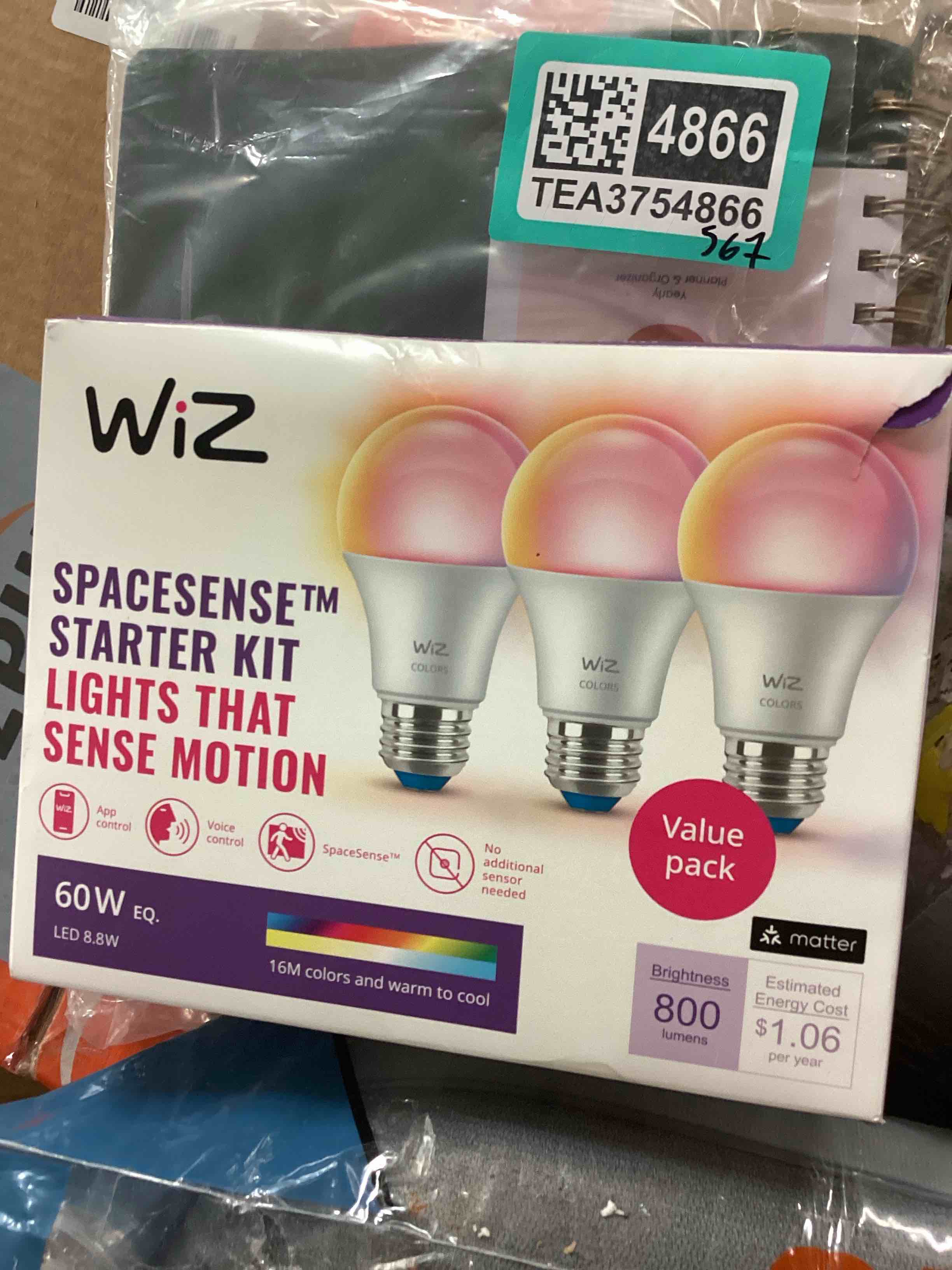 Condition photo showing New/Like New for wiz connected smart light bulbs, sunset to sunrise automation + motion detection + control with voice or app, full color a19 60w 800lm indoor, matter compatible -3 pack