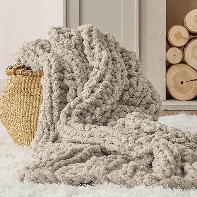 bedsure chunky knit throw blanket for couch - 100% hand knitted, 5.06 lbs gentlesoft blanket with giant chenille yarn for bed living room home decor, thick and cozy, linen beige, 50x60 inches