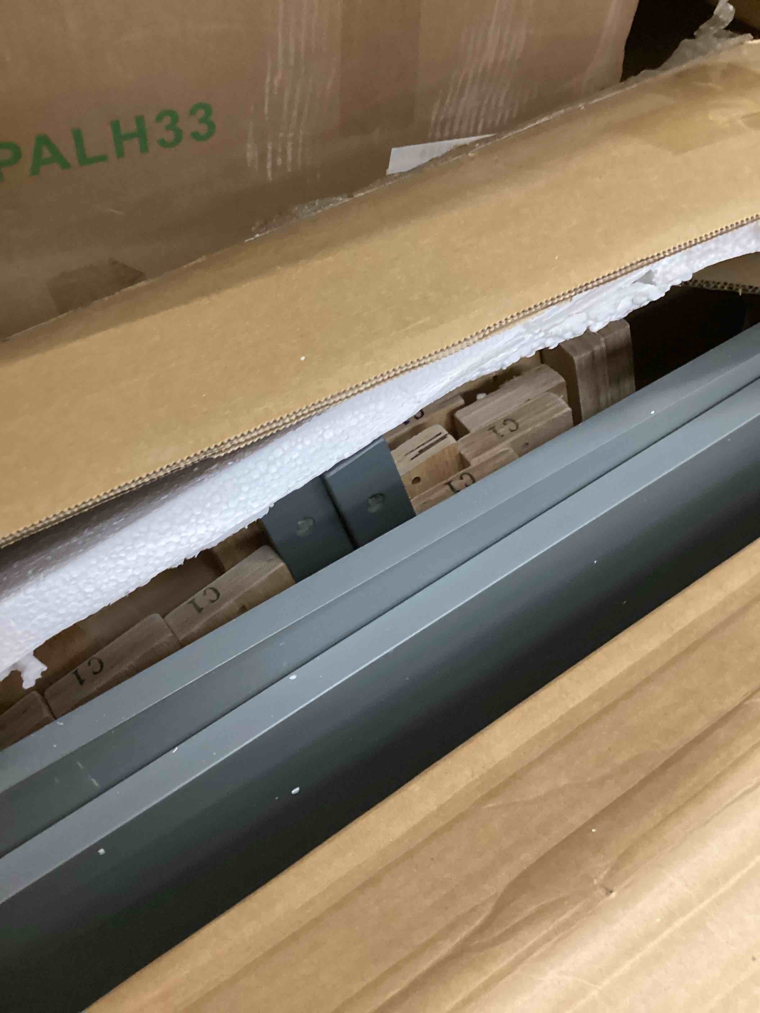 Condition photo showing As Is for l-shaped platform bed with trundle and drawers wood bed linked with built-in desk for bedroom,no boxspring required (grey, twin) (incomplete box 1 of 2 only) 