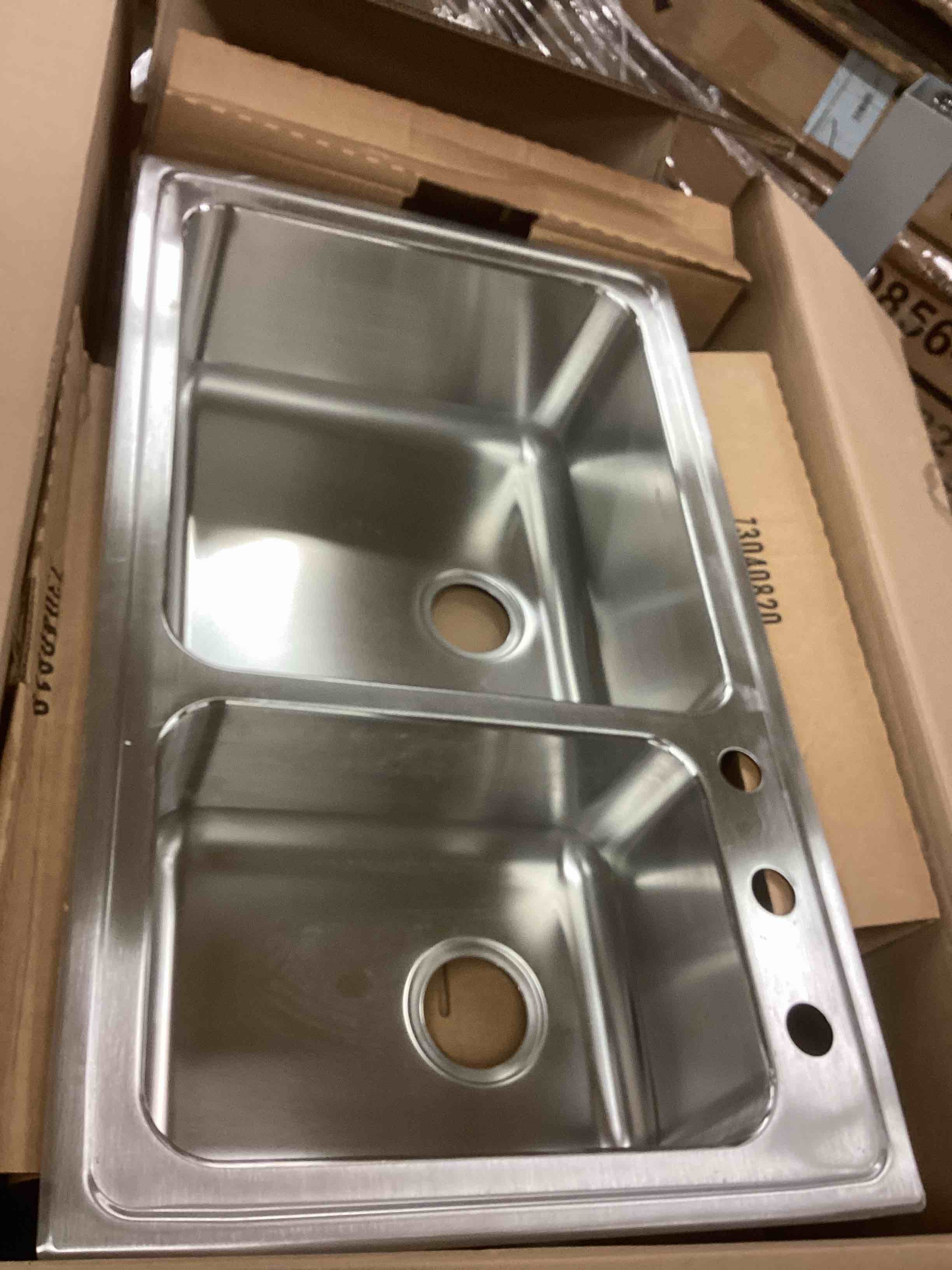 Condition photo showing As Is for elkay gauge stainless steel double bowl top mount kitchen sink, 37" x 22" (model similar from stock photo)