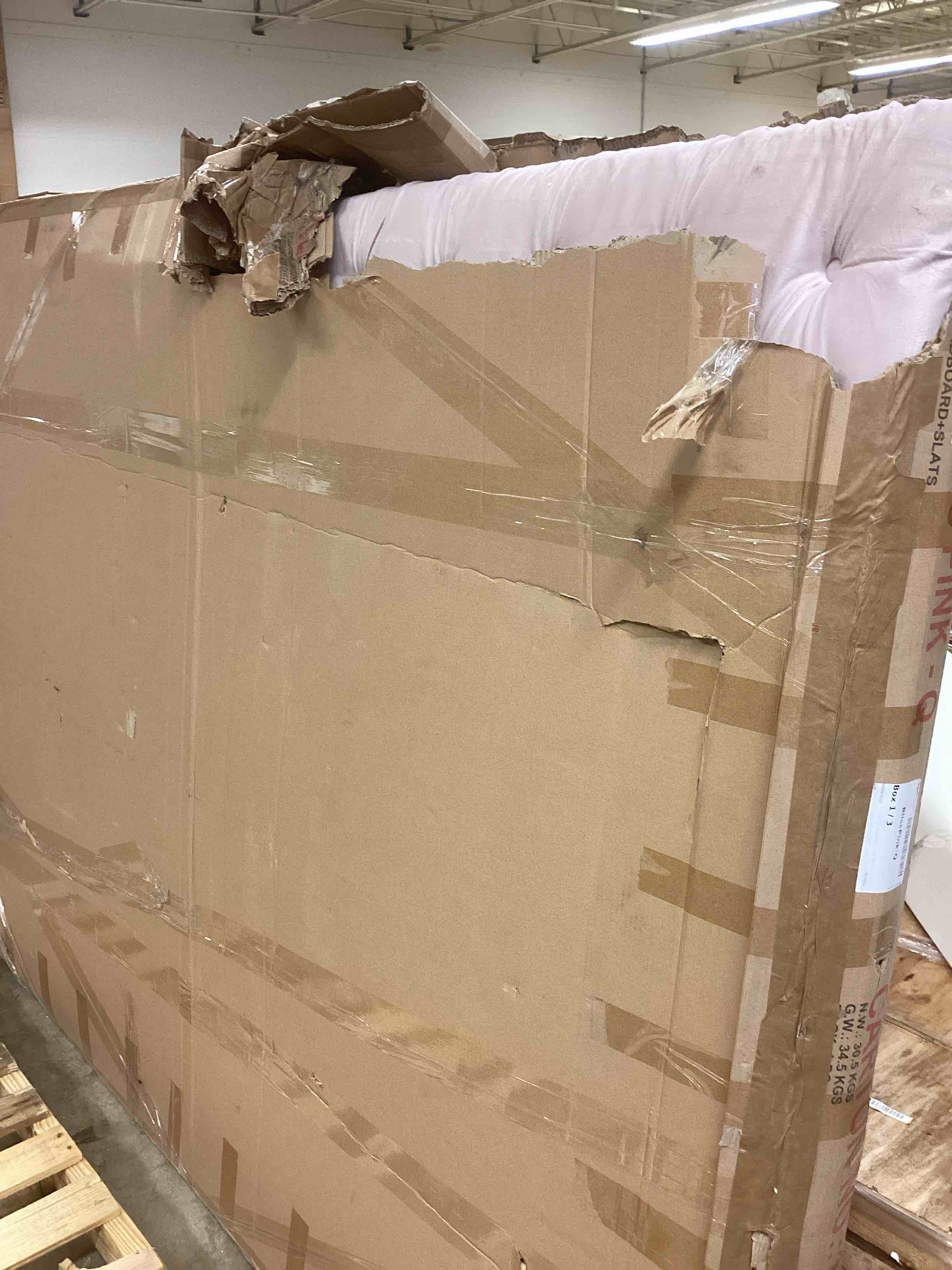 Condition photo showing As Is for meridian 658 queen bed,  bliss pink (incomplete 1 box of 3 only)