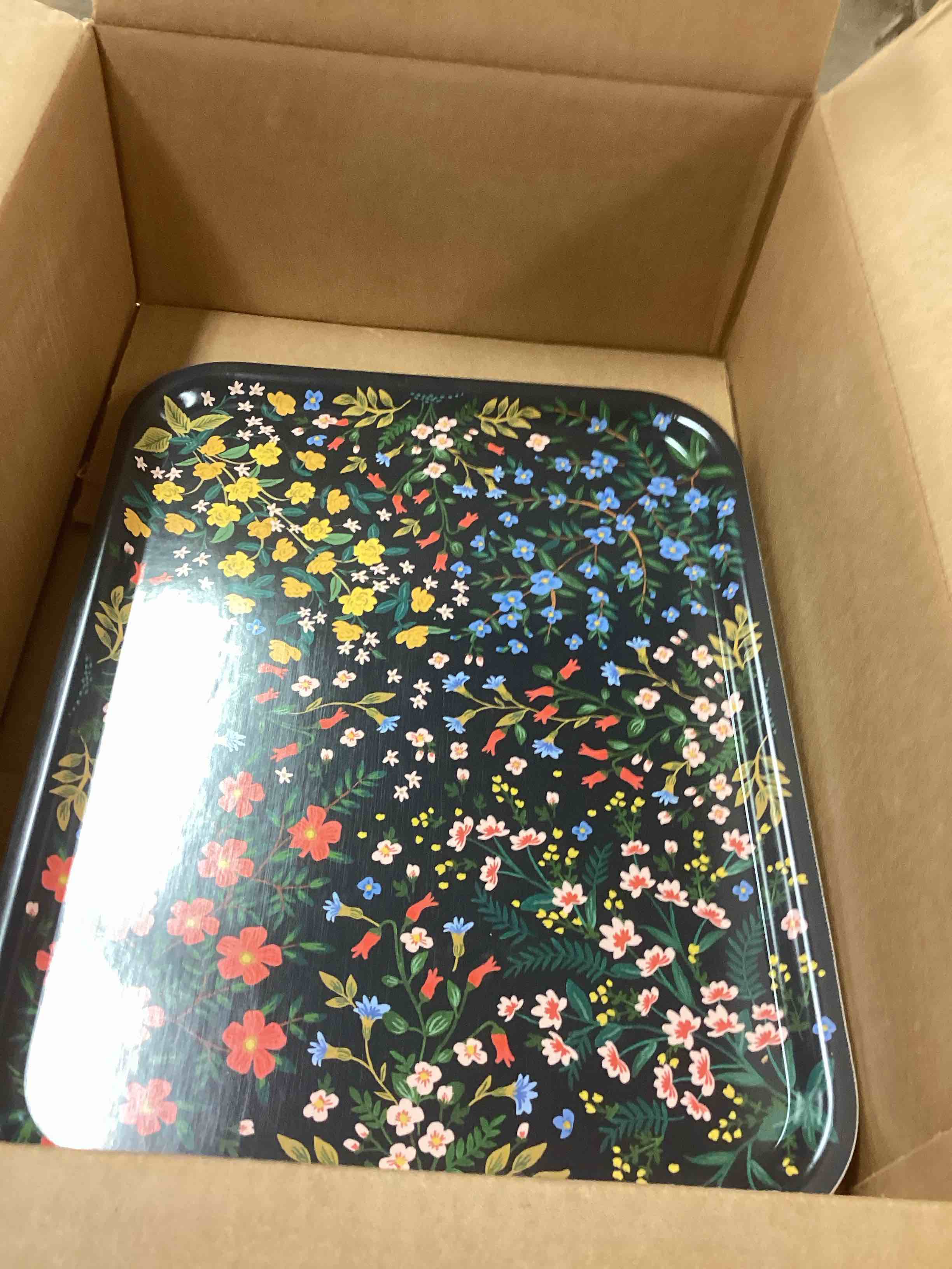 Condition photo showing New/Like New for rifle paper co. wildwood large rectangle serving tray, bent ply tray, laminated paper and birch wood, printed in full color, food and dishwasher safe, fsc-certified, 17" l x 13" w