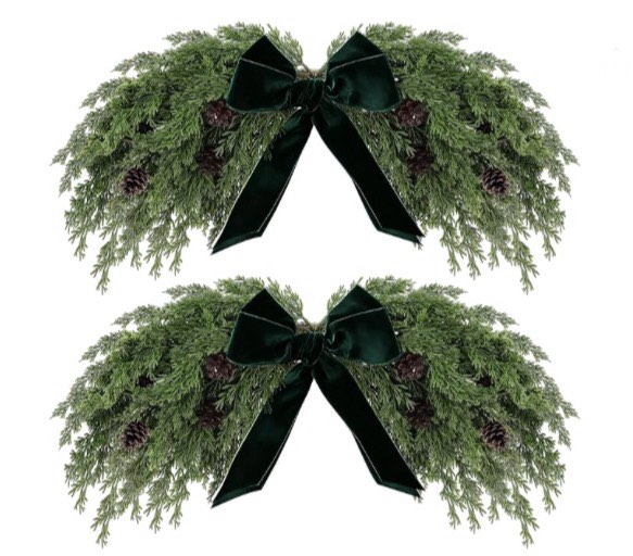 Suncalla 31.5" Christmas Swag for Front Door Rustic Velvet Bow Christmas Centerpiece with Berries fo