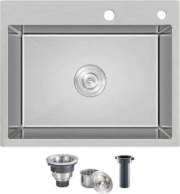 ROVOGO 20"x16"x9" Drop in Kitchen Sink 304 Stainless Steel with 2 Holes, Wet Bar Prep Sink Single Bowl, Handmade Kitchen Sink Top Mount with Drain Assembly, Brushed