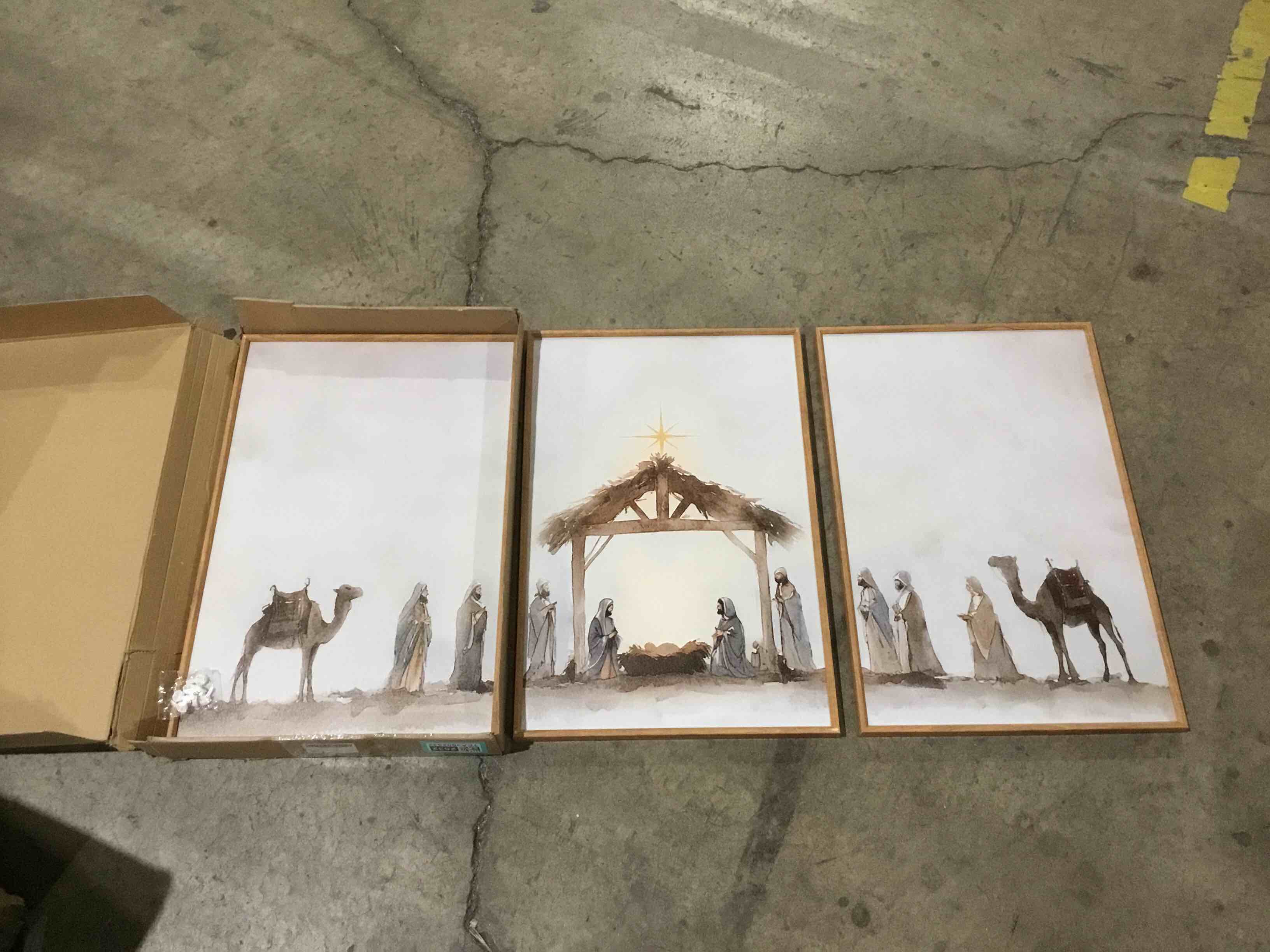 3 piece framed wall art watercolor nativity scene, 16x24 in