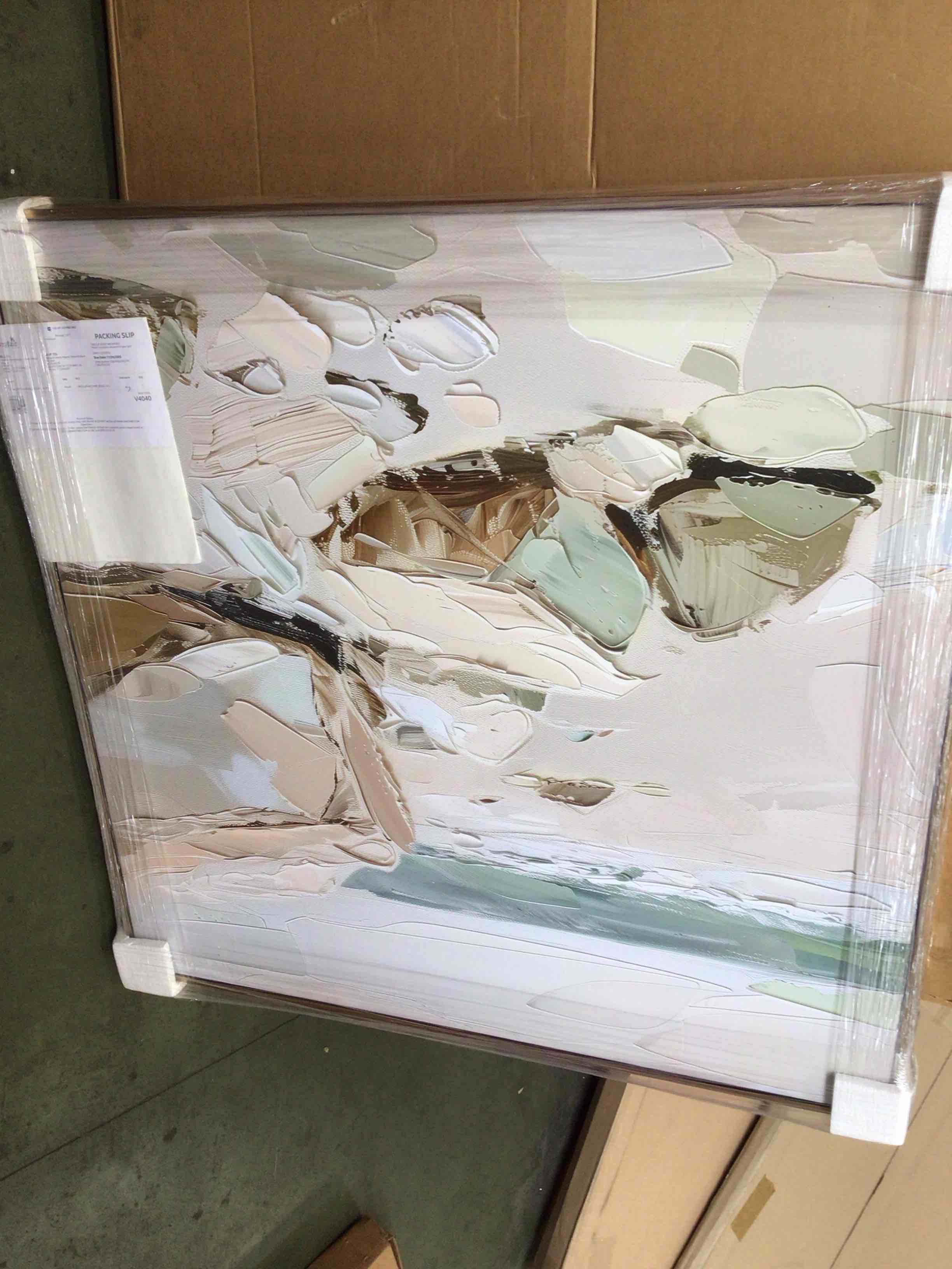 Condition photo showing New/Like New for art remedy rocks by the shore canvas coastal farmhouse wall art, gold frame, 40" x 40"