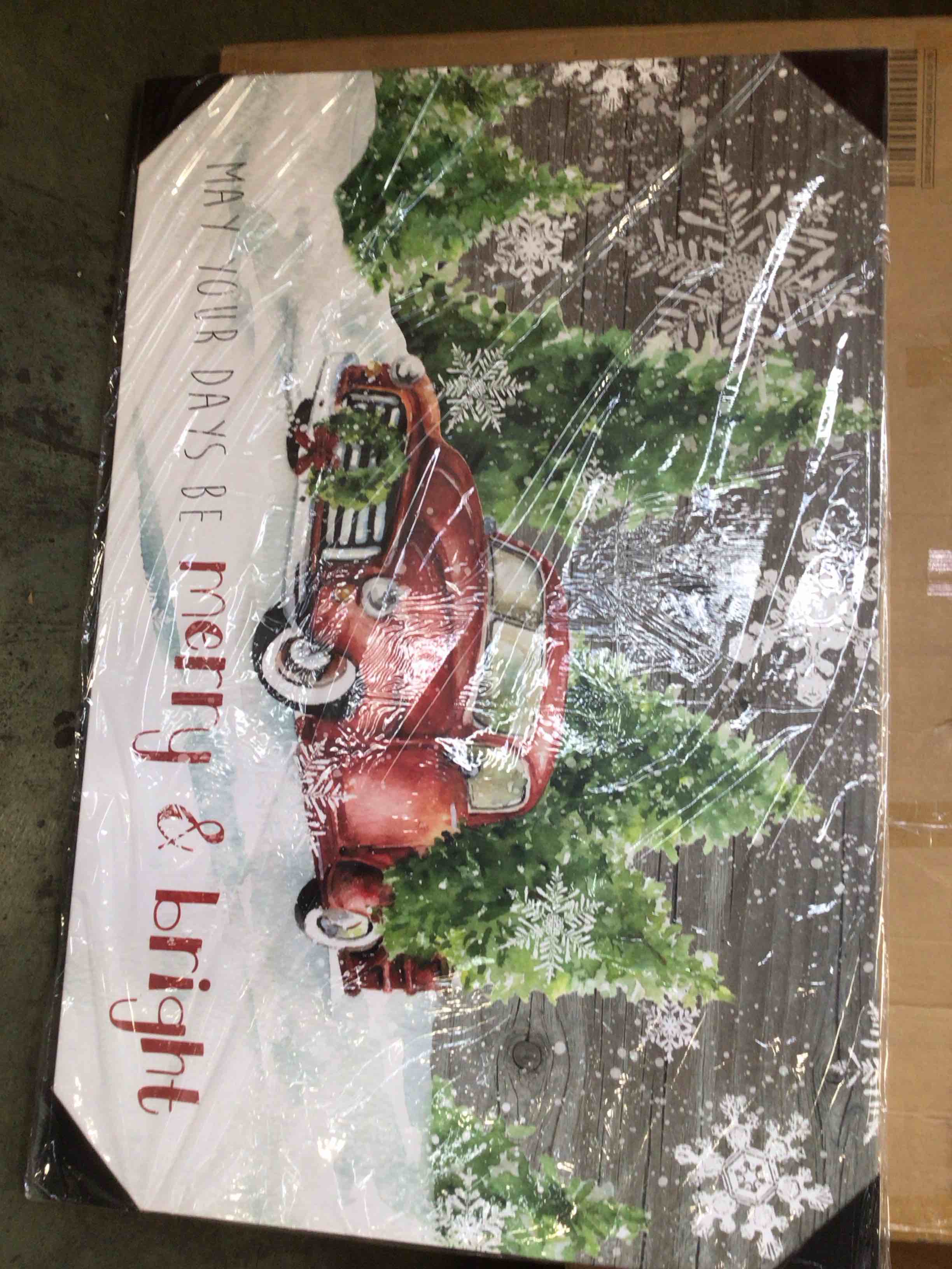 Condition photo showing New/Like New for renditions gallery merry & bright wall art, red truck and christmas trees, white snowflake, festive decorations, premium gallery wrapped canvas decor, ready to hang, 32 in h x 48 in w, made in america
