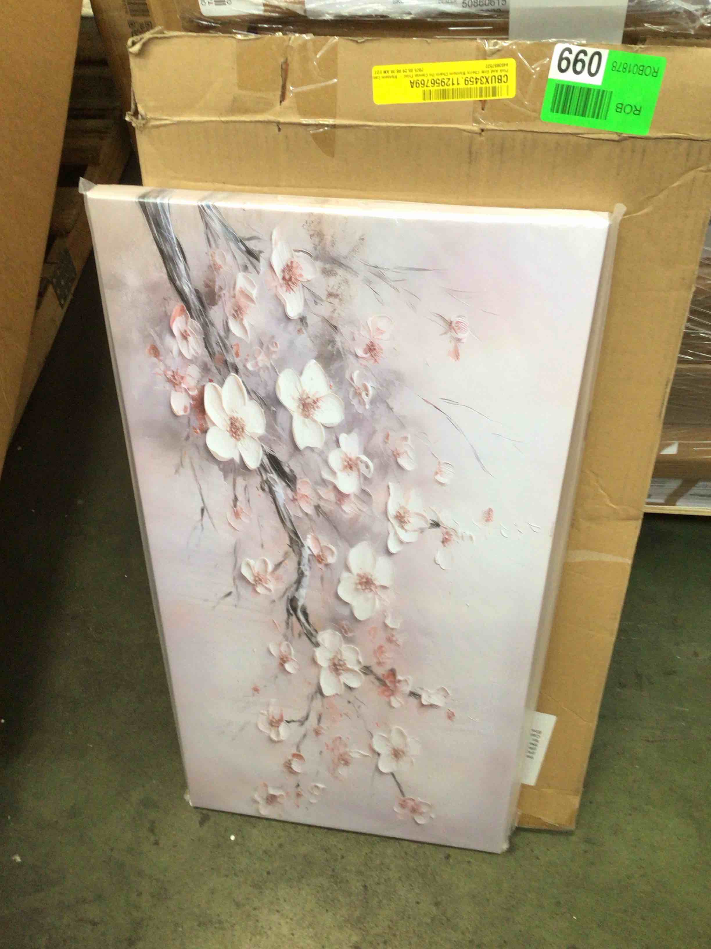 Condition photo showing New/Like New for designart "pink and grey cherry blossom charm " flowers wall art 16”x 32”
