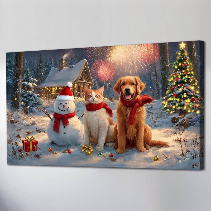 Abhinaya Decor , Winter. scene picture  prints with snowman dog cat 20” x 40”