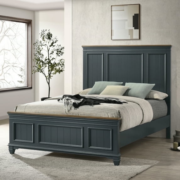 (incomplete only box 2/2)Roundhill Furniture Clelane Shiplap Wood Panel Bed, Queen, Slate Blue