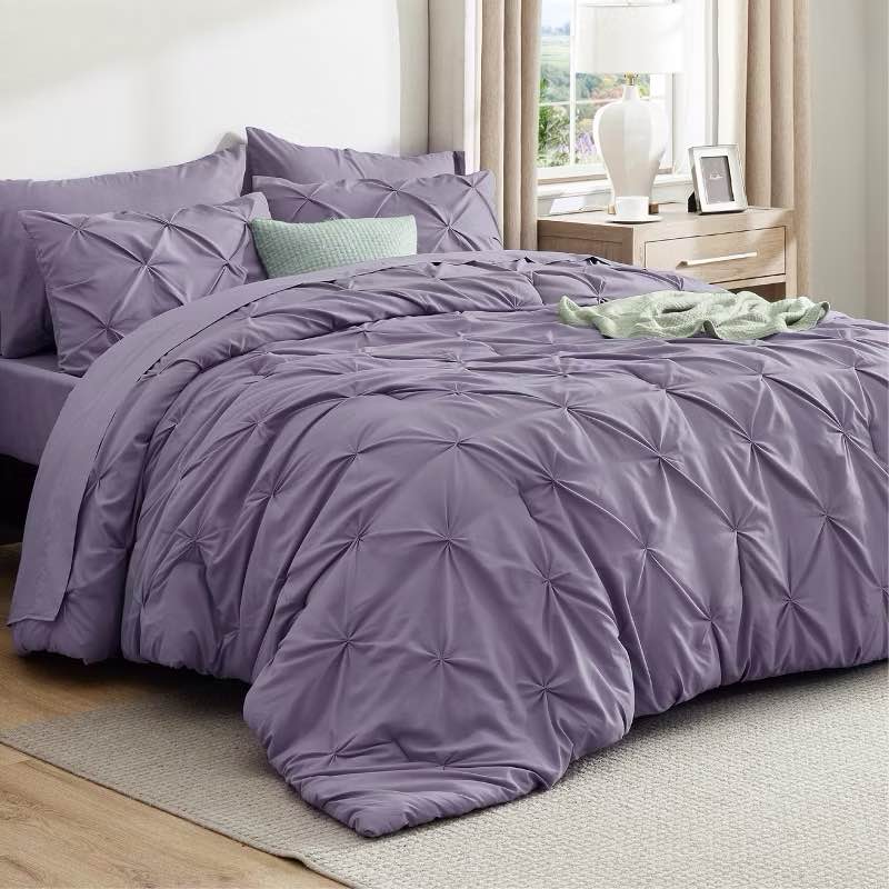 Bedsure Bed in a Bag Comforter Set with Sheets, 7pcs Solid Diamond Pintuck All-Season Bedding, Soft Grayish Purple Queen Bedding Set, Gift for Family