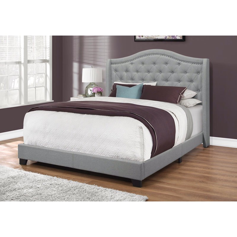 ((incomplete)) bed, king size, bedroom, upholstered, grey linen look, chrome trim, traditional