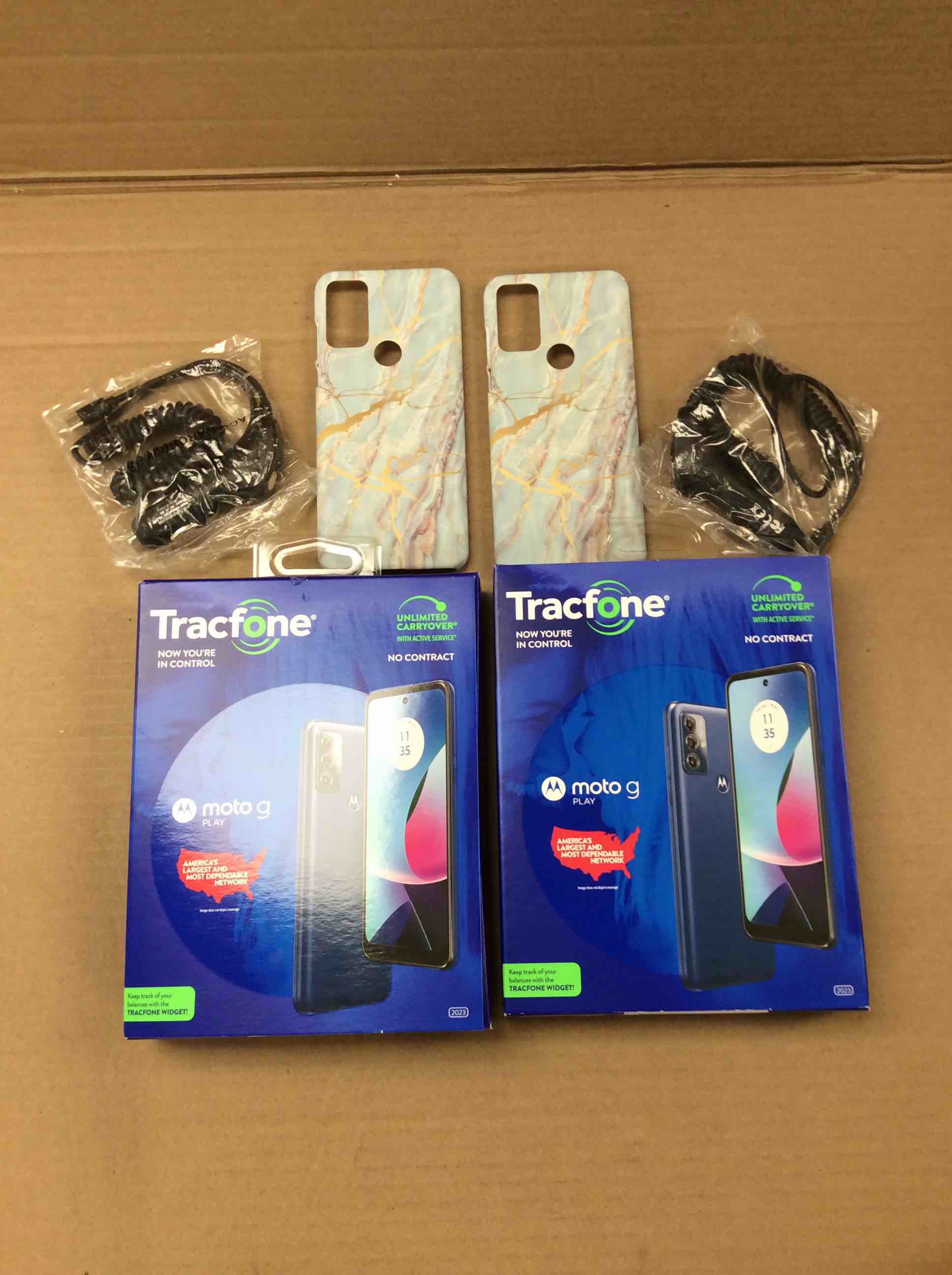 Condition photo showing New/Like New for set of 2 tracfone motorola moto g power 2023 5g locked mineral black 32gb, includes 1500min/1500txt/1500mb, 365 days service plan - prepaid smartphone, 6.5" 90hz display, 50mp camera