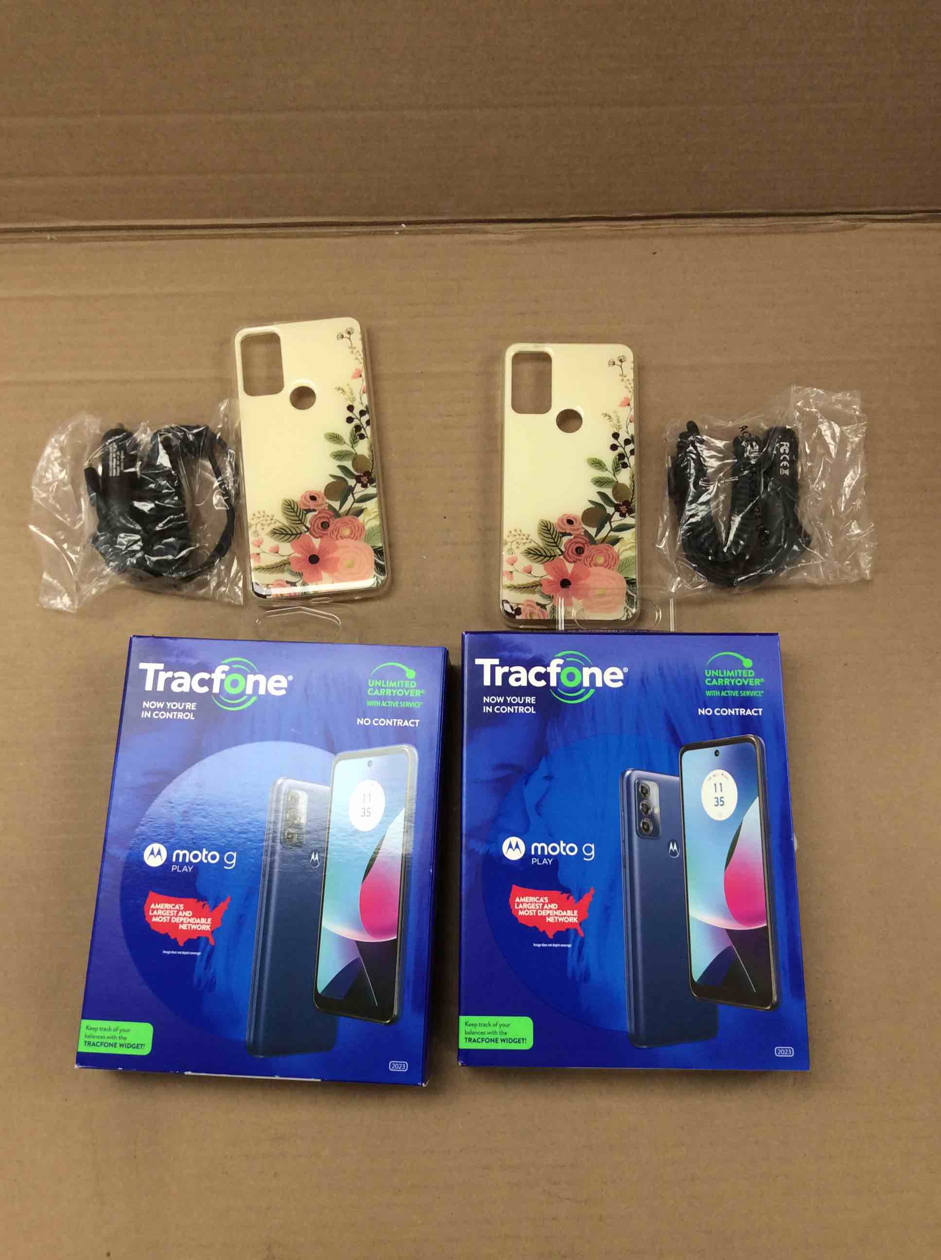 Condition photo showing New/Like New for set of 2 tracfone motorola moto g power 2023 5g locked mineral black 32gb, includes 1500min/1500txt/1500mb, 365 days service plan - prepaid smartphone, 6.5" 90hz display, 50mp camera