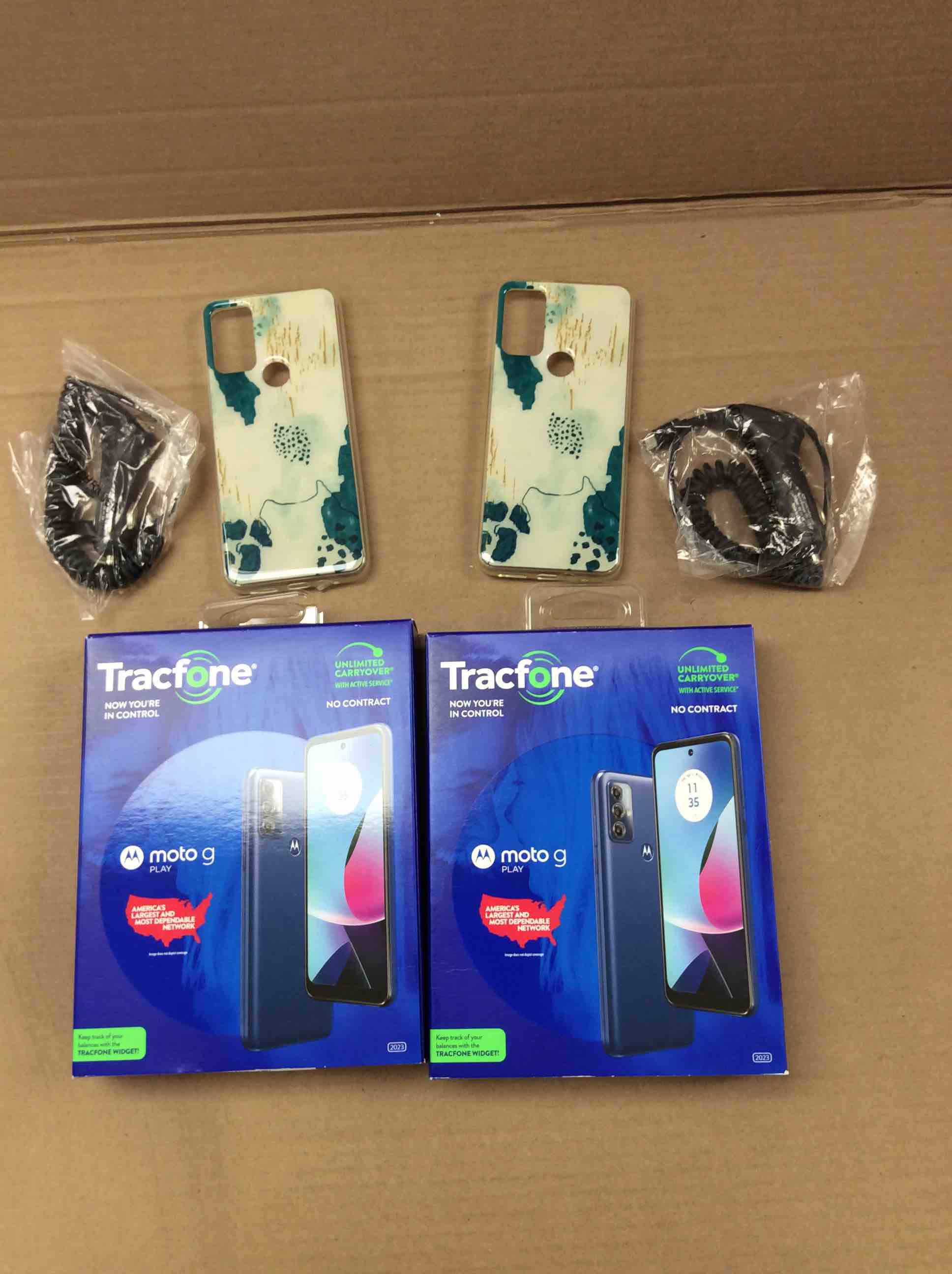 Condition photo showing New/Like New for set of 2 tracfone motorola moto g power 2023 5g locked mineral black 32gb, includes 1500min/1500txt/1500mb, 365 days service plan - prepaid smartphone, 6.5" 90hz display, 50mp camera