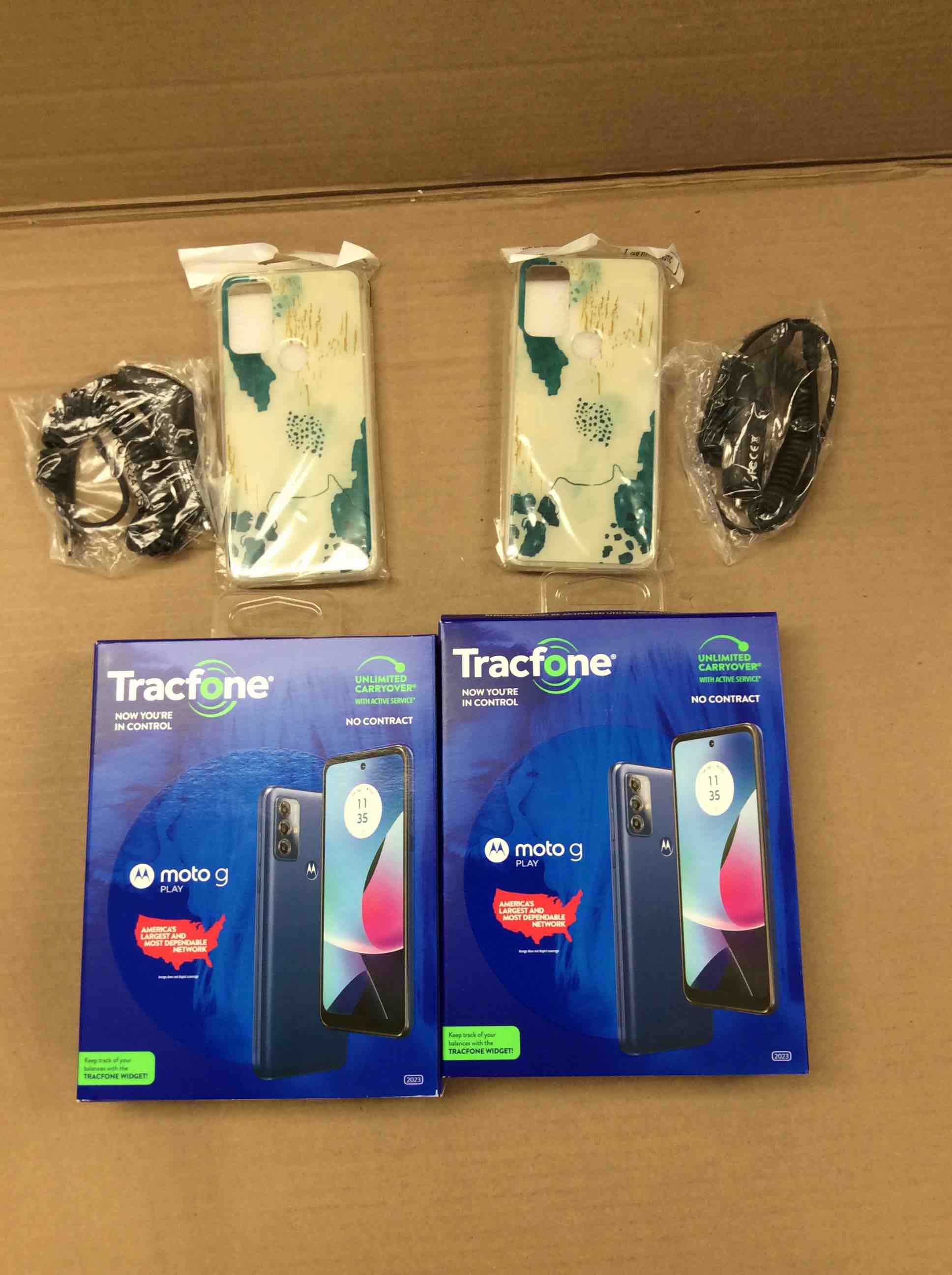 Condition photo showing New/Like New for set of 2 tracfone motorola moto g power 2023 5g locked mineral black 32gb, includes 1500min/1500txt/1500mb, 365 days service plan - prepaid smartphone, 6.5" 90hz display, 50mp camera