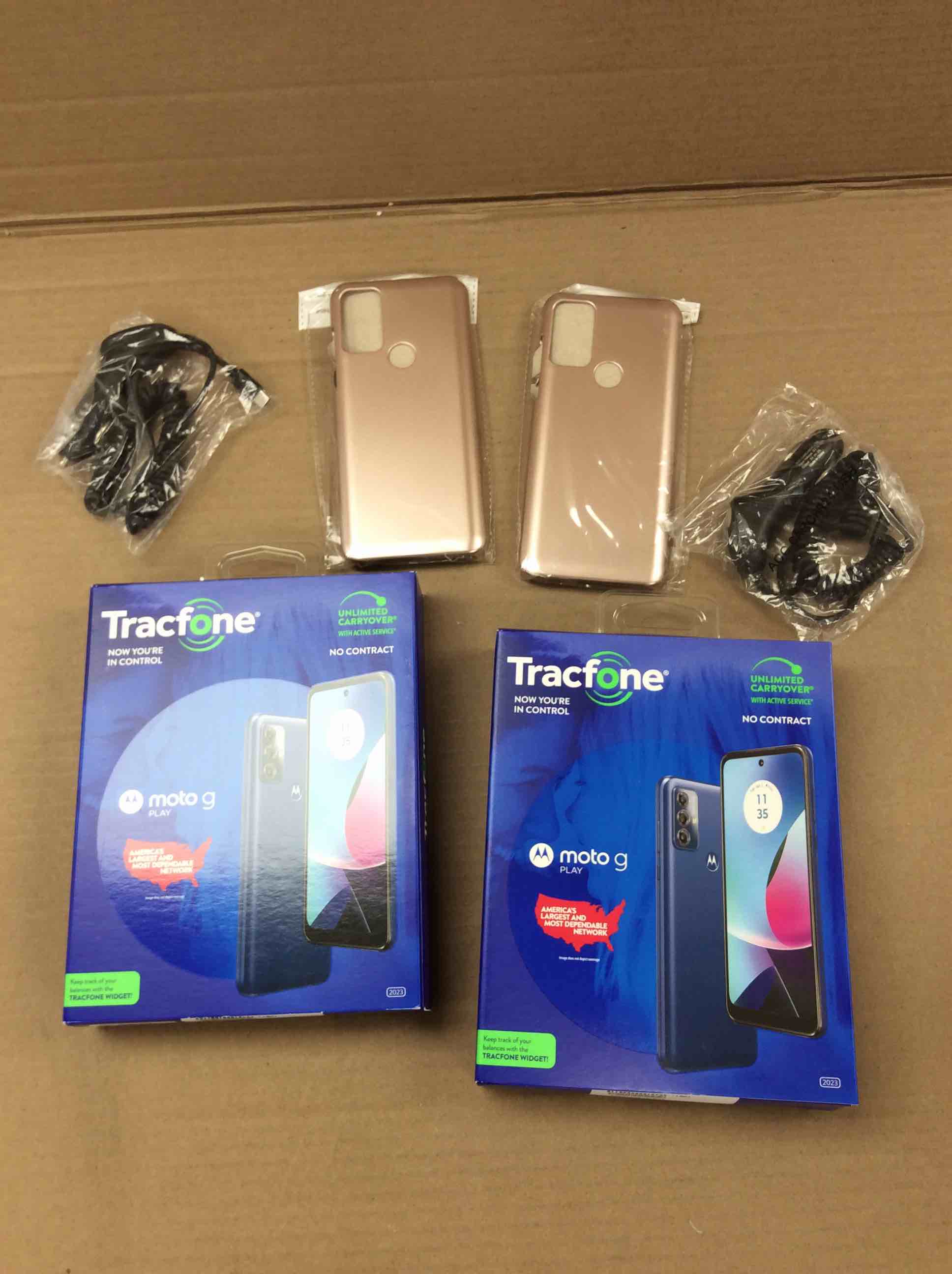 Condition photo showing New/Like New for set of 2 tracfone motorola moto g power 2023 5g locked mineral black 32gb, includes 1500min/1500txt/1500mb, 365 days service plan - prepaid smartphone, 6.5" 90hz display, 50mp camera