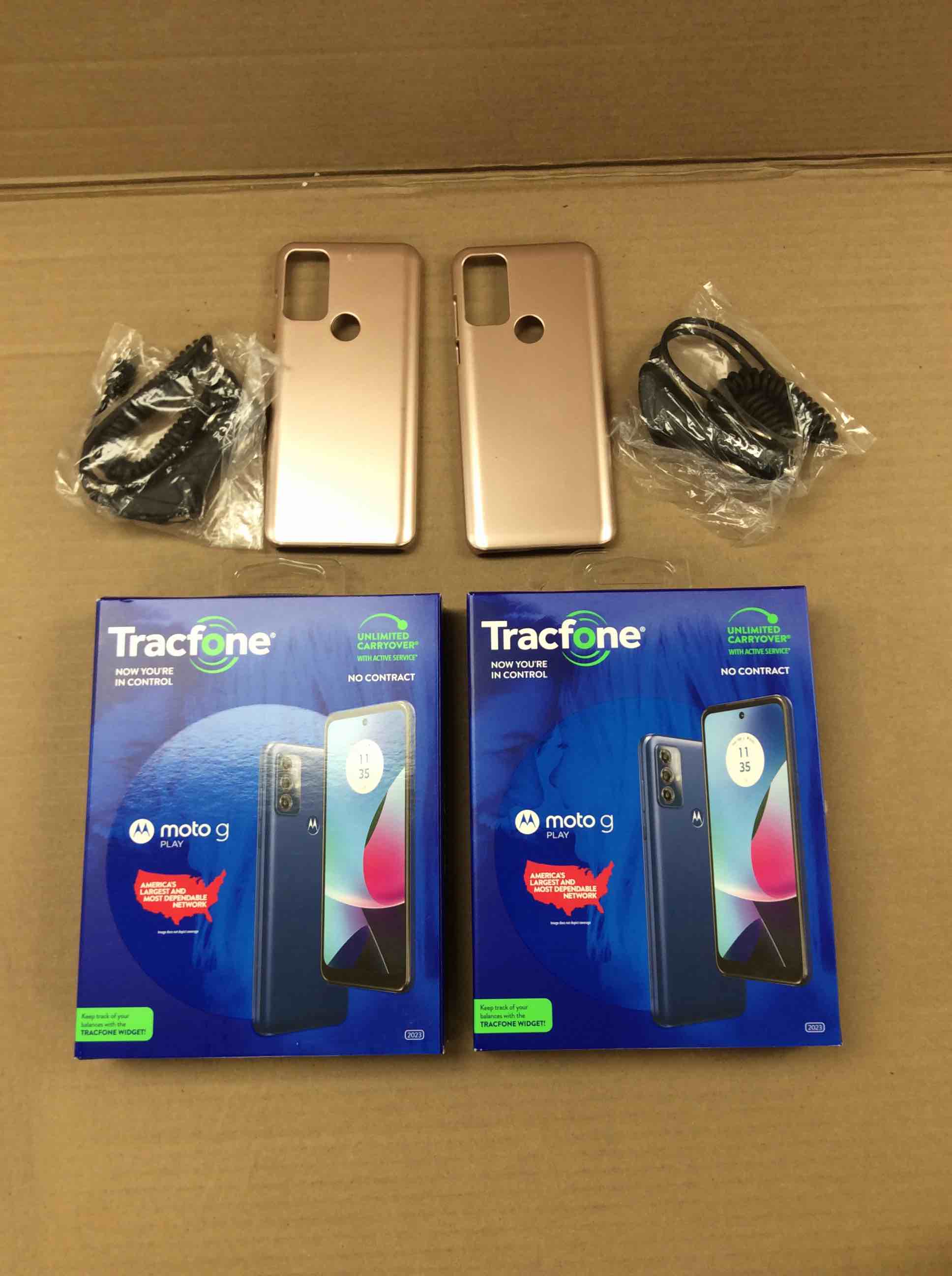 Condition photo showing New/Like New for set of 2 tracfone motorola moto g power 2023 5g locked mineral black 32gb, includes 1500min/1500txt/1500mb, 365 days service plan - prepaid smartphone, 6.5" 90hz display, 50mp camera