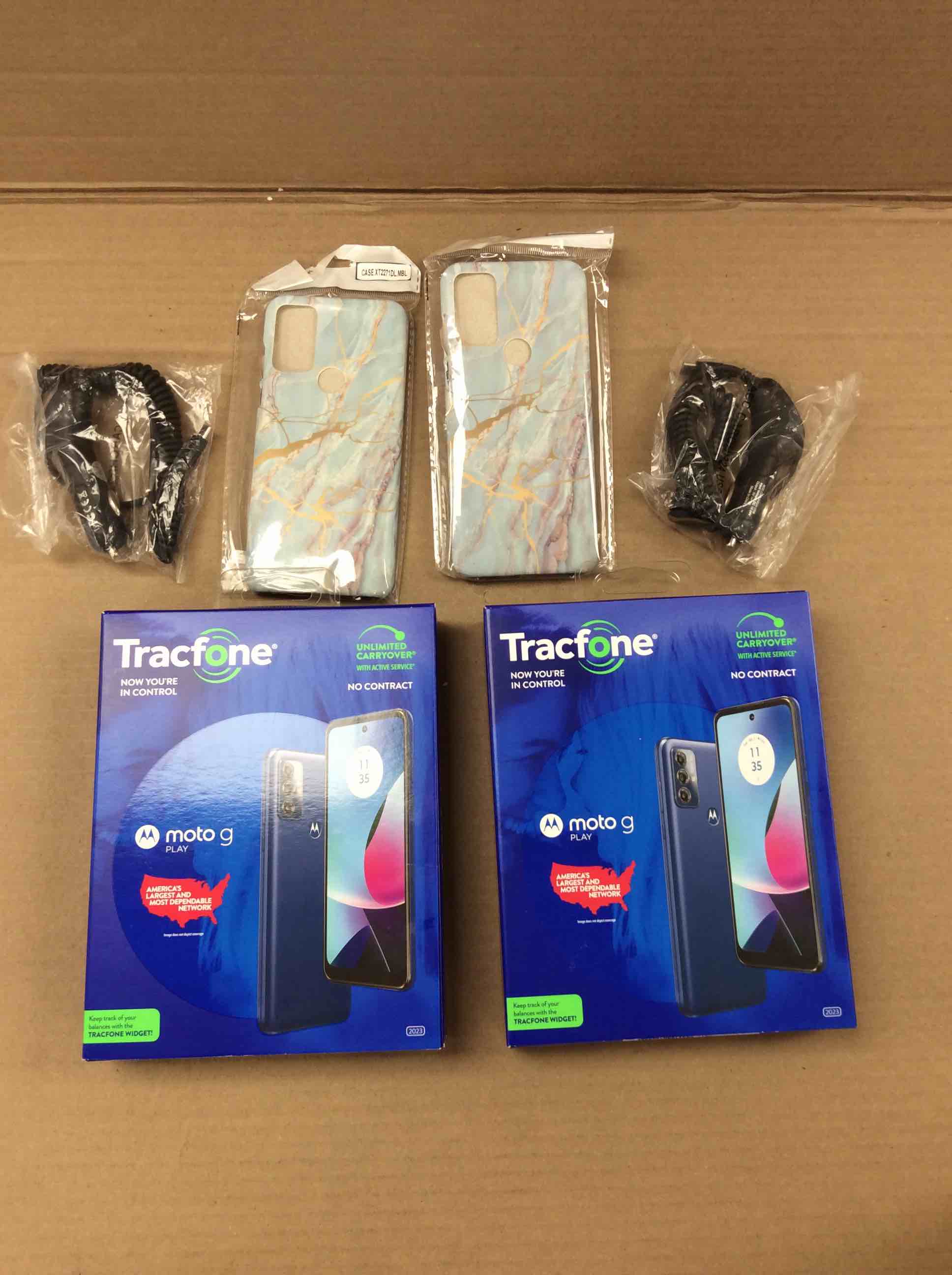 Condition photo showing New/Like New for set of 2 tracfone motorola moto g power 2023 5g locked mineral black 32gb, includes 1500min/1500txt/1500mb, 365 days service plan - prepaid smartphone, 6.5" 90hz display, 50mp camera