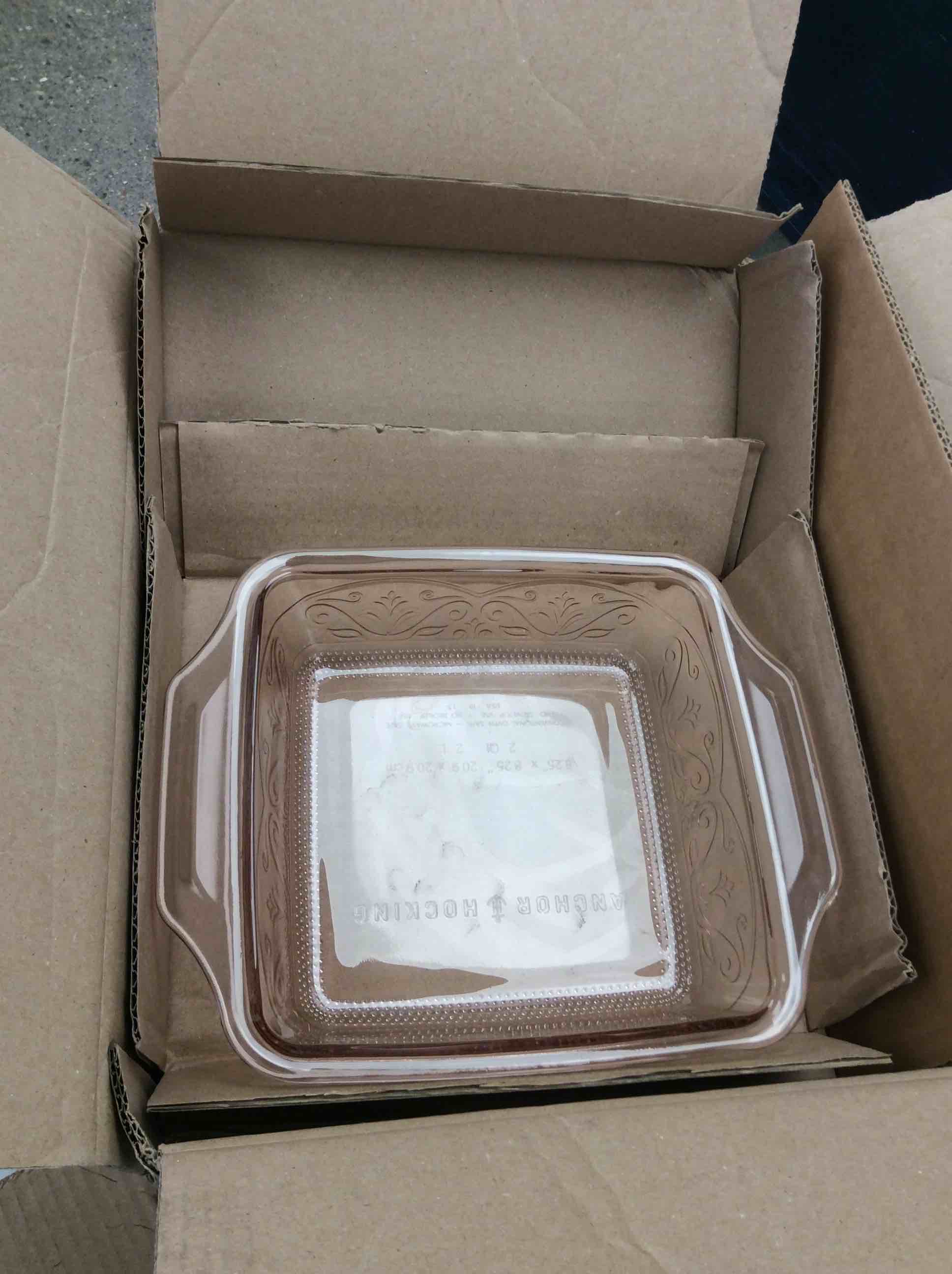 Condition photo showing New/Like New for anchor hocking 3-piece glass embossed oven-to-table bakeware pink 