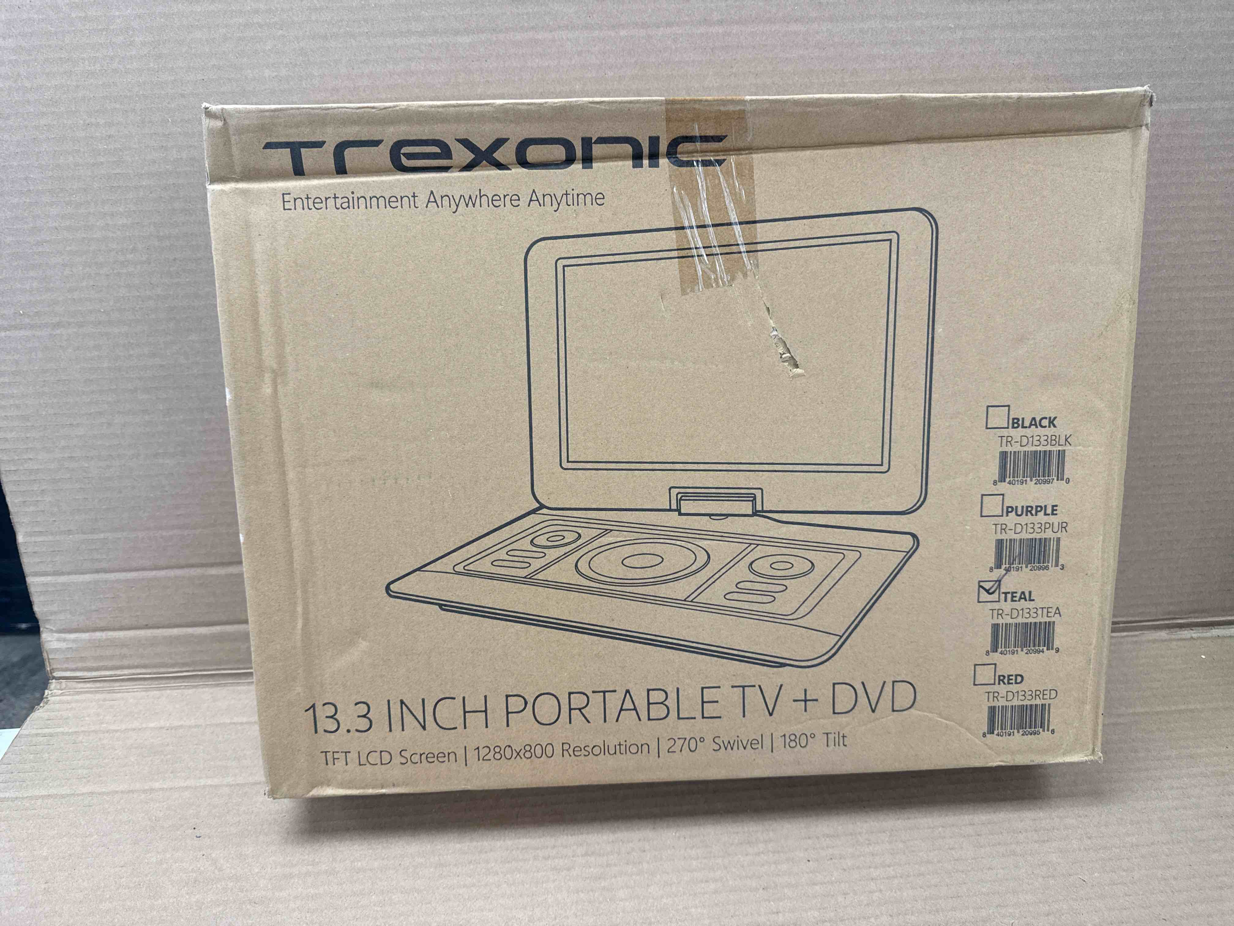 Condition photo showing New/Like New for trexonic portable tv+dvd player with color tft led screen and usb/hd/av inputs, 13.3", teal
