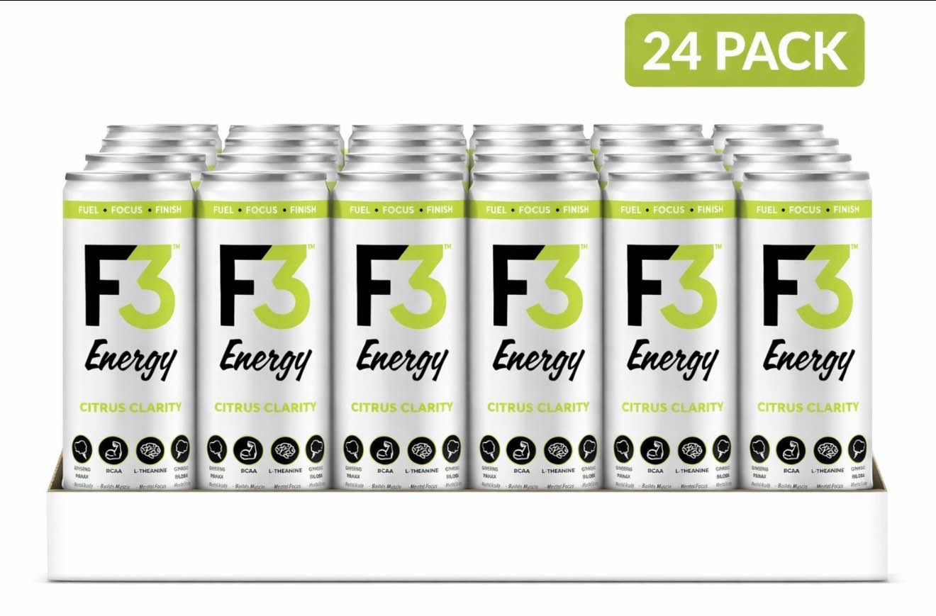 F3 Energy - Citrus Clarity Energy Drink, Muscle Building Sports Drinks w/BCAA, Panax Ginseng and Ginkgo Biloba, Natural Energy Drinks for Strength, Mental Focus, and Muscle Recovery, 355 ml (24 Pack) BB7/2024