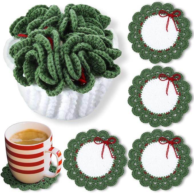 Windkream 5 Pcs Wreath Crochet Coaster Set Wreath Coaster with White Pot Storage Basket Handmade Present Woven Cup Mats Kit for Holiday Party Gifts Kitchen Office Home Decor