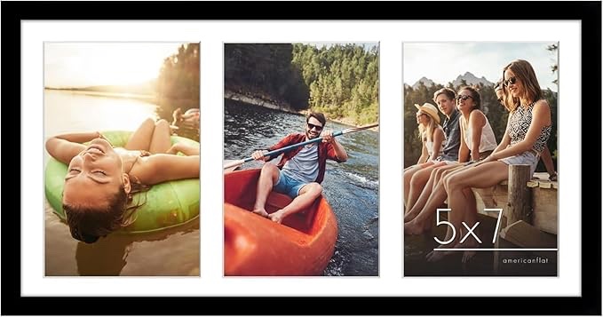 Americanflat 5x7 Picture Frame Collage with Shatter-Resistant Glass - Fits Three 5x7 Photos or Use as One 8x16 Frame - Signature Collection - Collage Frames for Tabletop and Wall Display - Black
