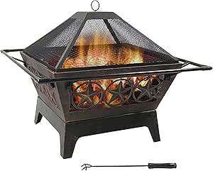 sunnydaze northern galaxy 32-inch outdoor fire pit with grill grate, spark screen, and poker - heavy-duty wood-burning fire pit for outside
