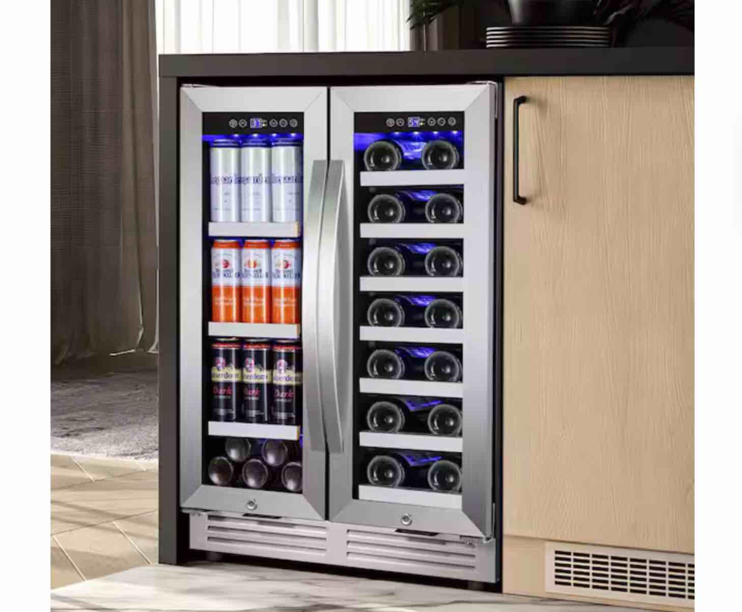 23.47 in. Dual Zone 20-Wine Bottles and 85 Plus Cans Beverage and Wine Cooler in Stainless Steel Four Door Handles