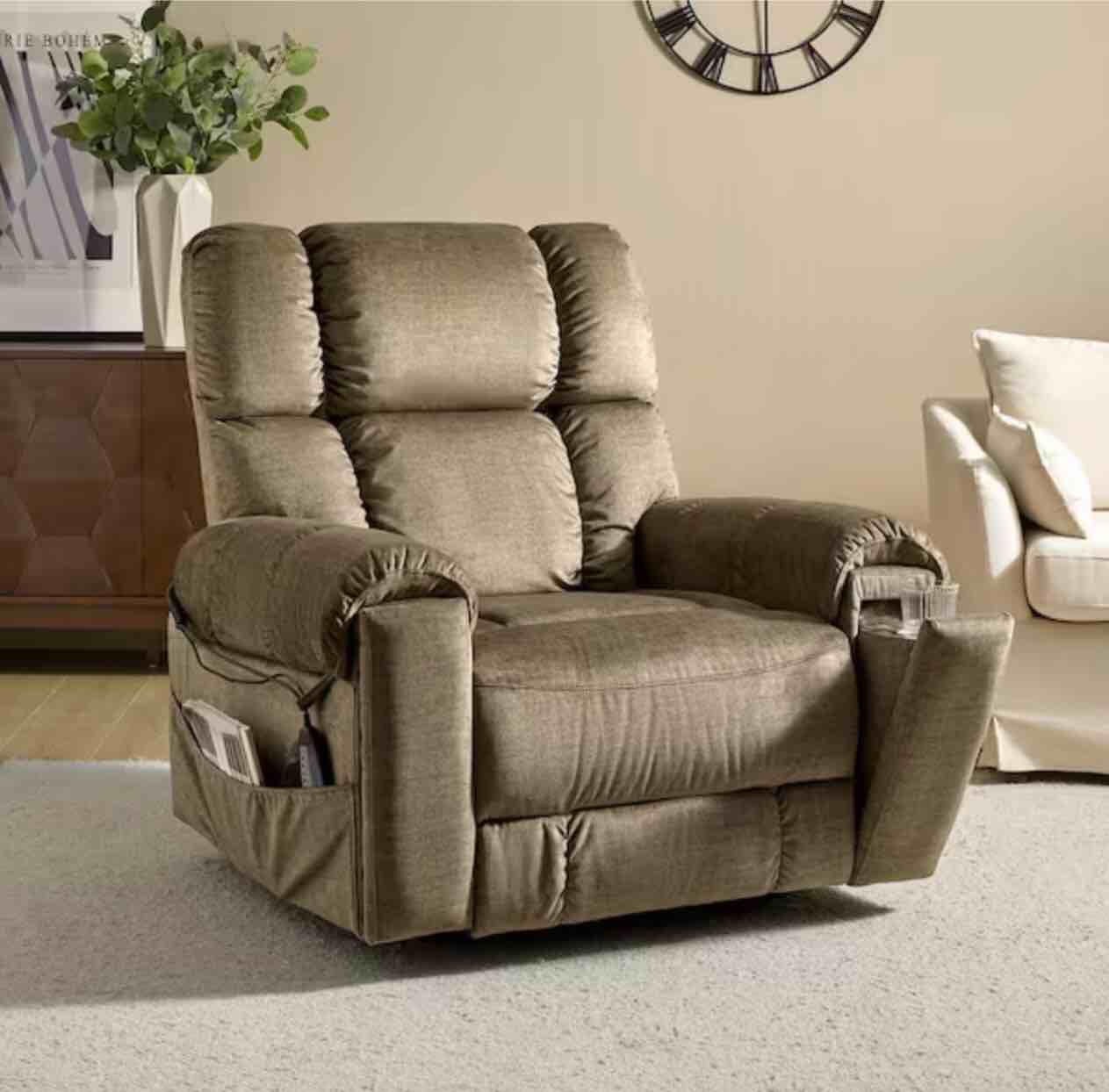 Jacob Brown Power Assisted Lift Recliner with Head, Footrests, Massage, Heating, and USB/Type-C Charging Stations