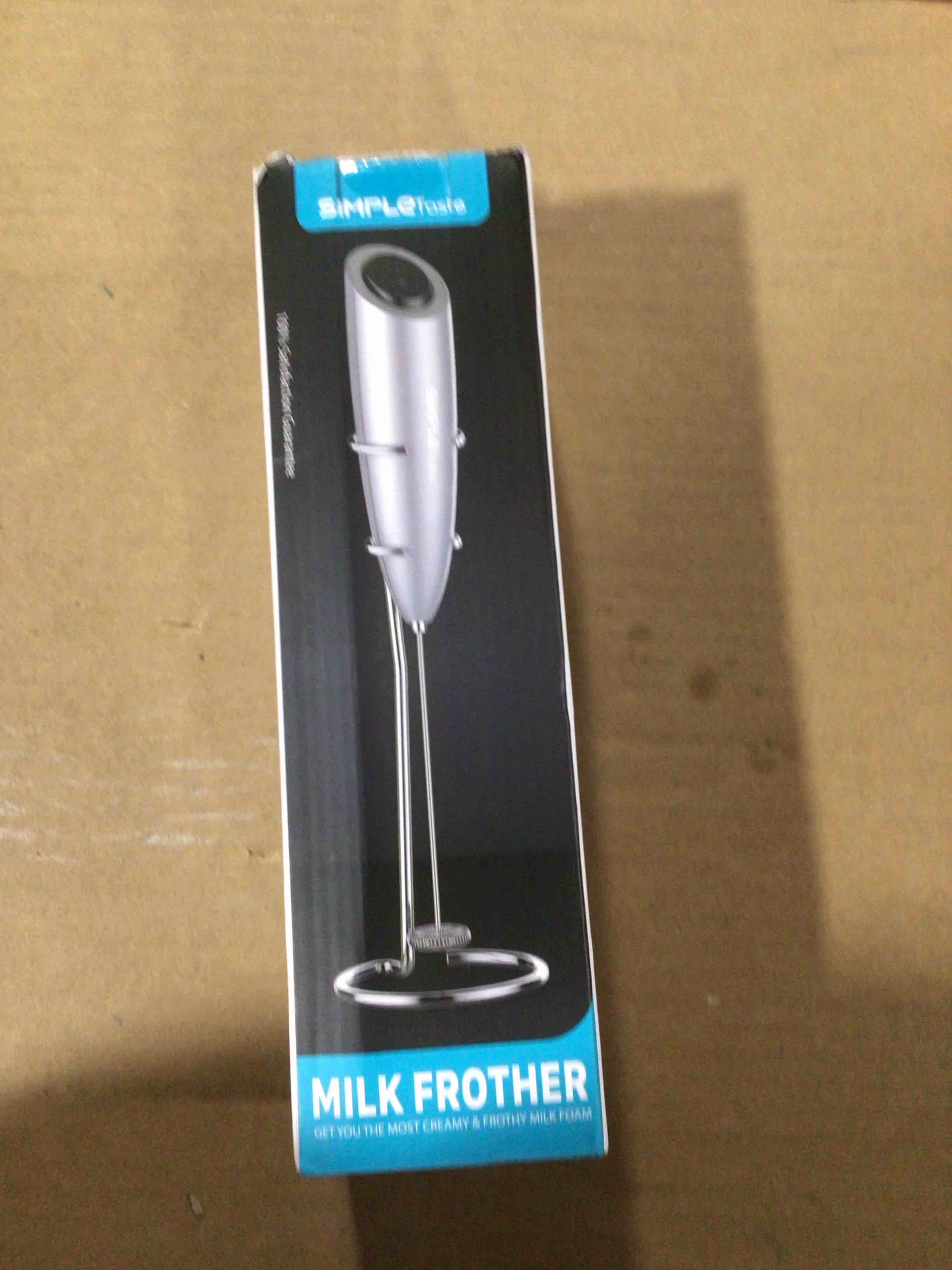Condition photo showing New/Like New for SIMPLETaste Milk Frother Handheld Battery Operated Electric Foam Maker, Drink Mixer with Stainless Steel Whisk and Stand for Cappuccino, Bulletproof Coffee, Latte Gray With Stand