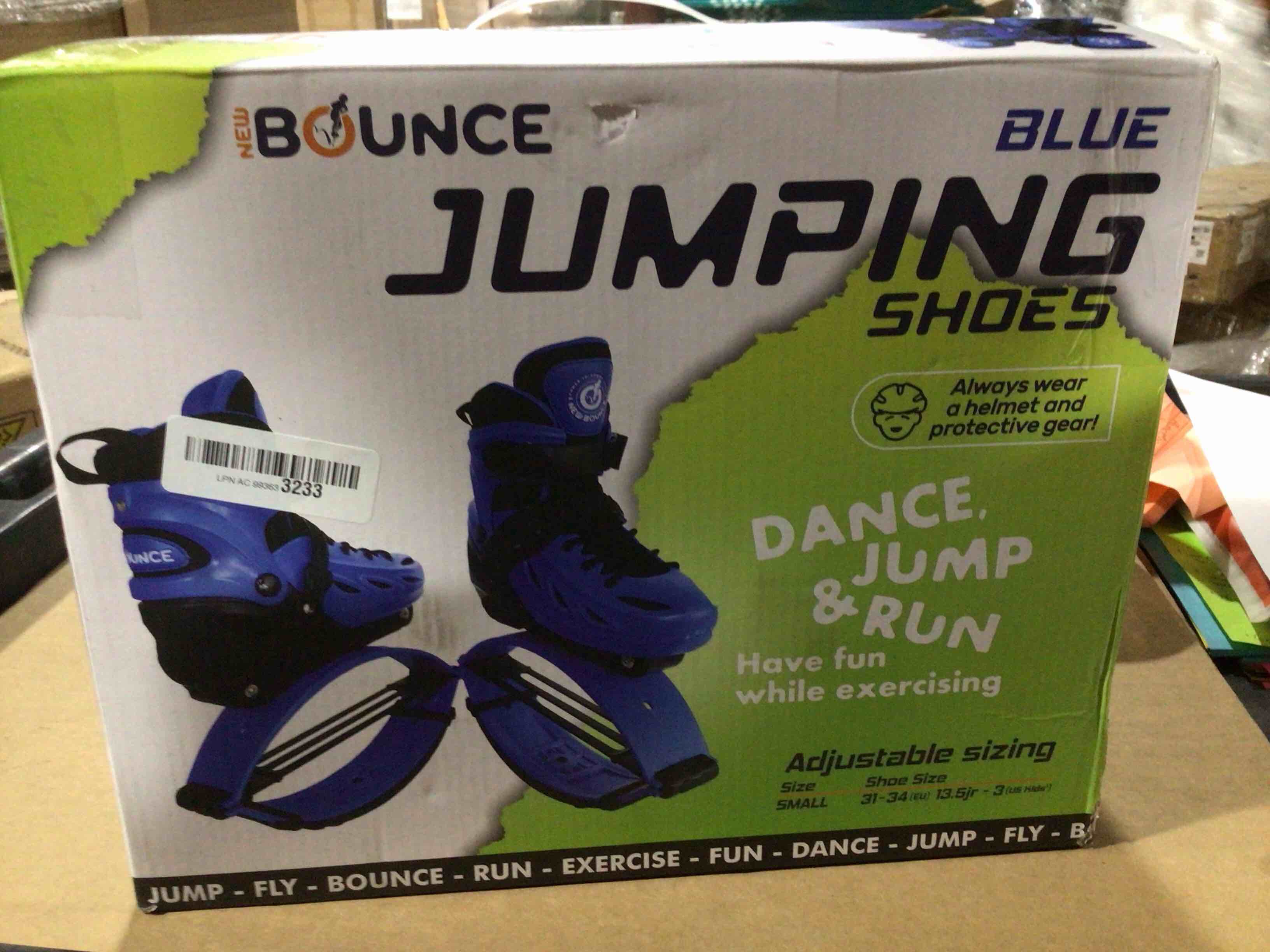 Condition photo showing New/Like New for New Bounce Kids Jumping Shoes – Premium Moon Shoes for Fun & Exercise – Durable, Safe, Adjustable Fit – New & Improved Bouncing Shoes (Blue, Small (31-34 EU)) Blue Small (31-34 EU)