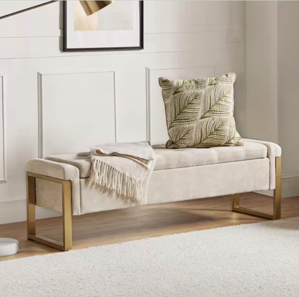 Alina Modern Upholstered Flip Top Storage Bench with Metal Legs-BEIGE