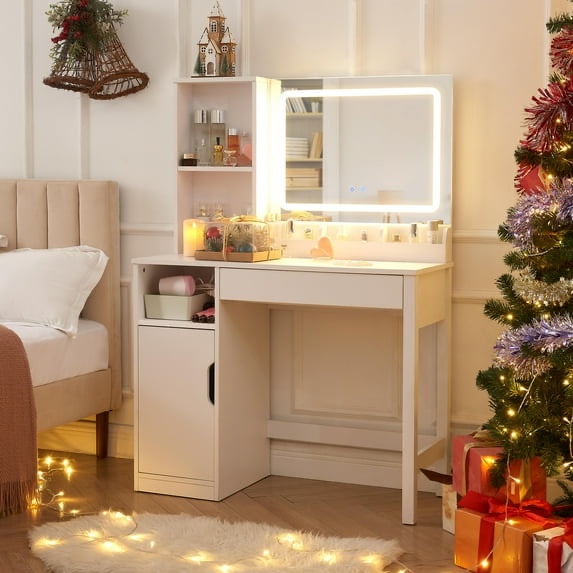 Mainstays Get Ready with Me GRWM Vanity Table with Lighted Mirror and Storage, White Finish