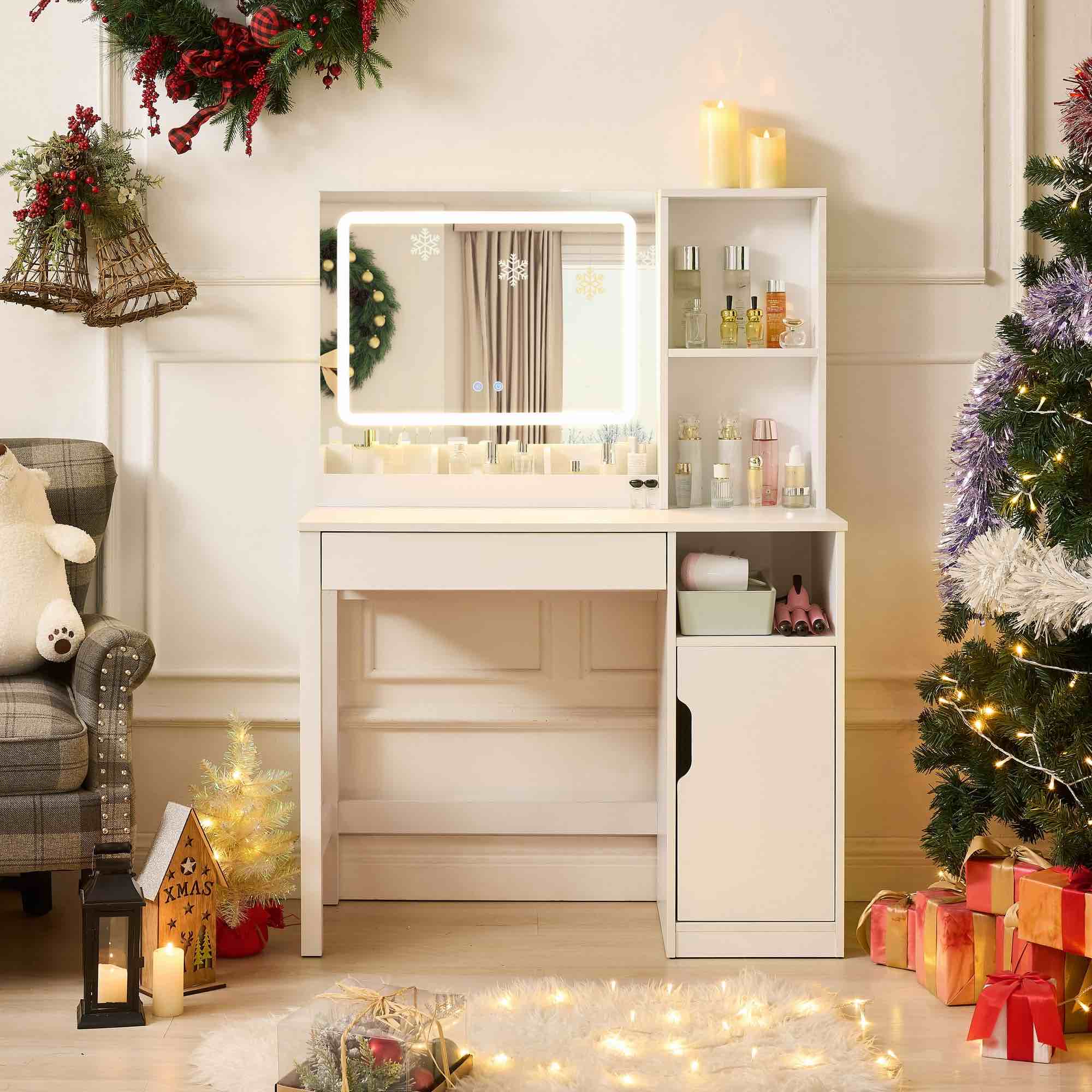 Mainstays Get Ready with Me GRWM Vanity Table with Lighted Mirror and Storage, White Finish