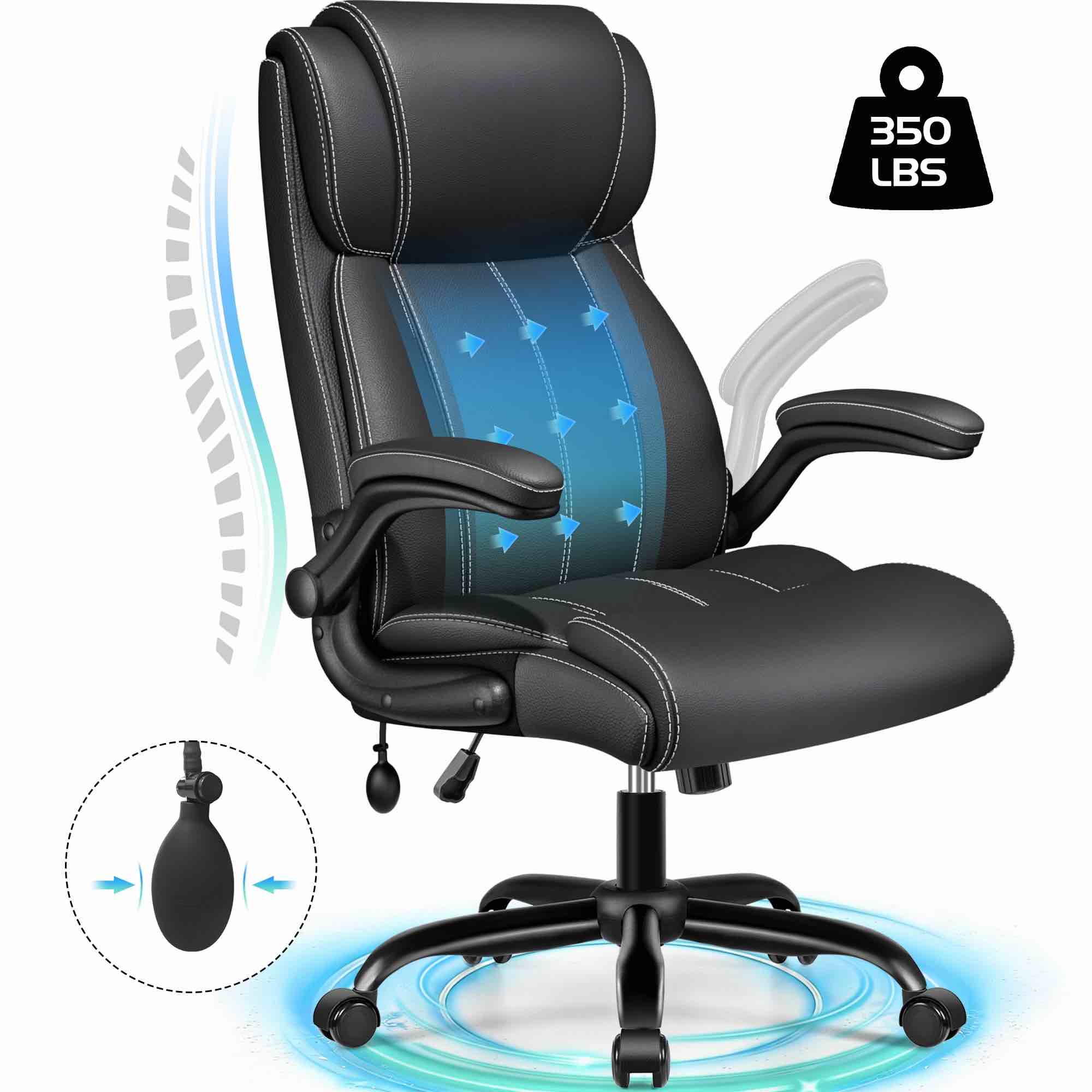COOLHUT Big and Tall Office Chair 350LBS, Comfy Heavy Duty Executive Desk Chair with Adjustable Lumbar Support, Higth Back Computer Home Office Chair with Padded Flip -up Arms, Black