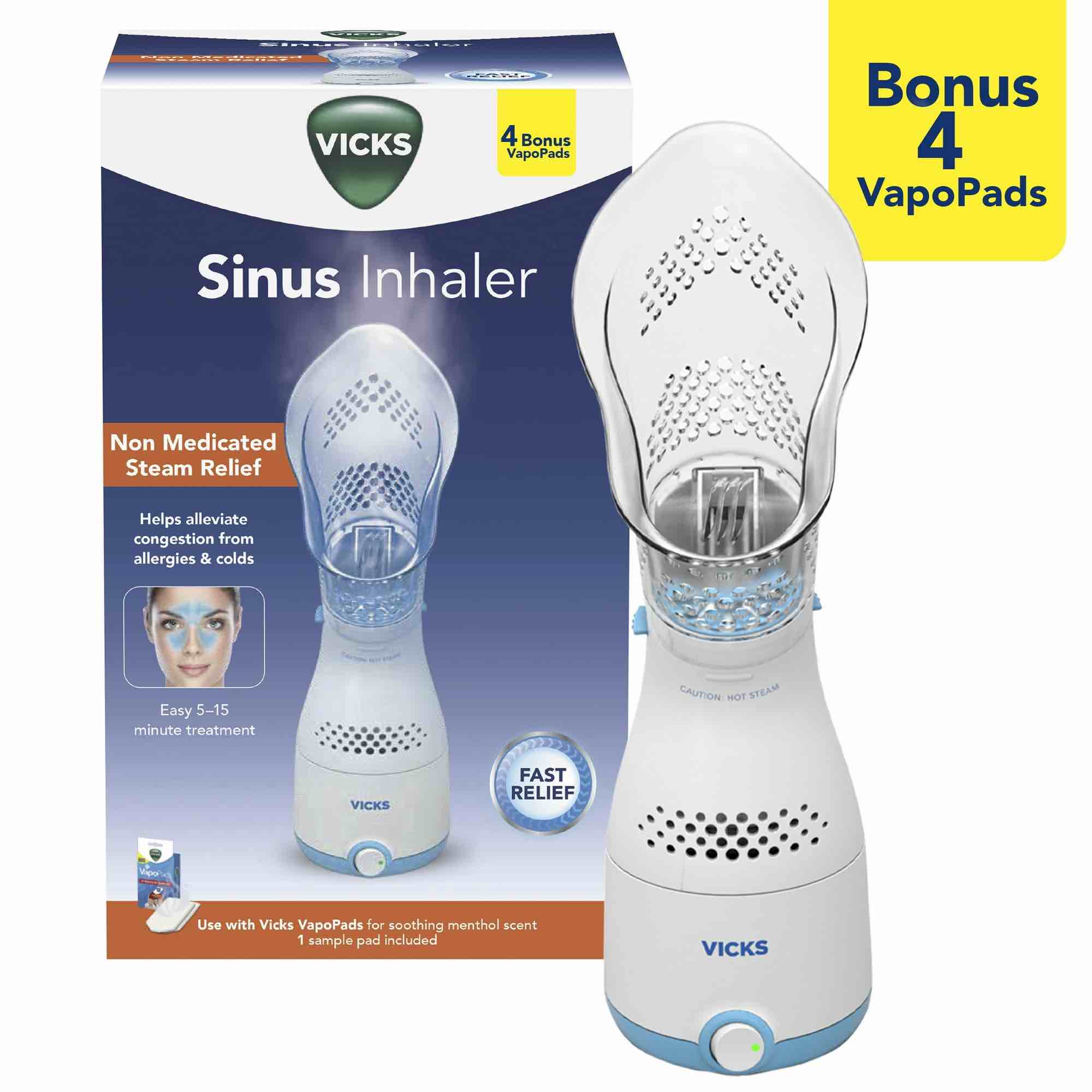 Vicks Non Medicated Steam Sinus Inhaler with 4 Bonus VapoPads for Allergies and Colds White VIH200