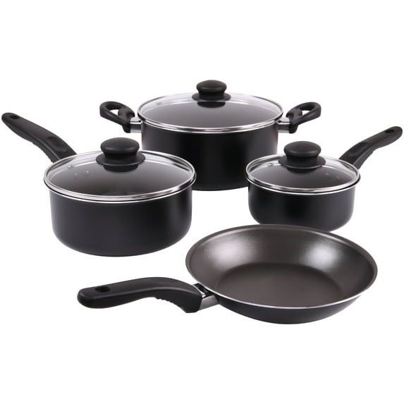 mainstays 7 piece non stick aluminium, pots and pans cookware set, black