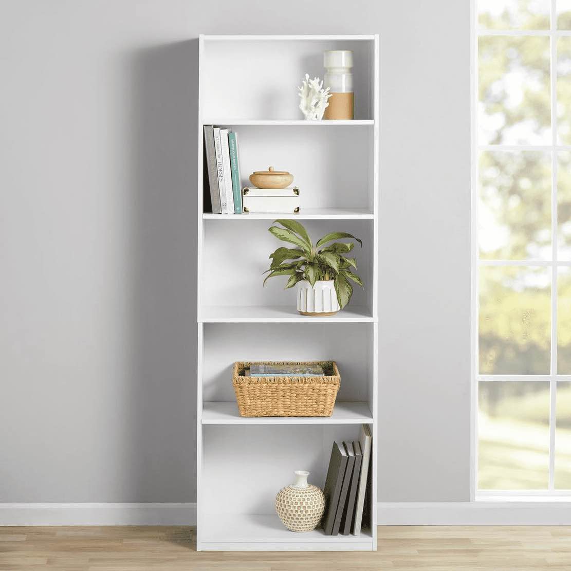 mainstays 5-shelf bookcase with adjustable shelves, white