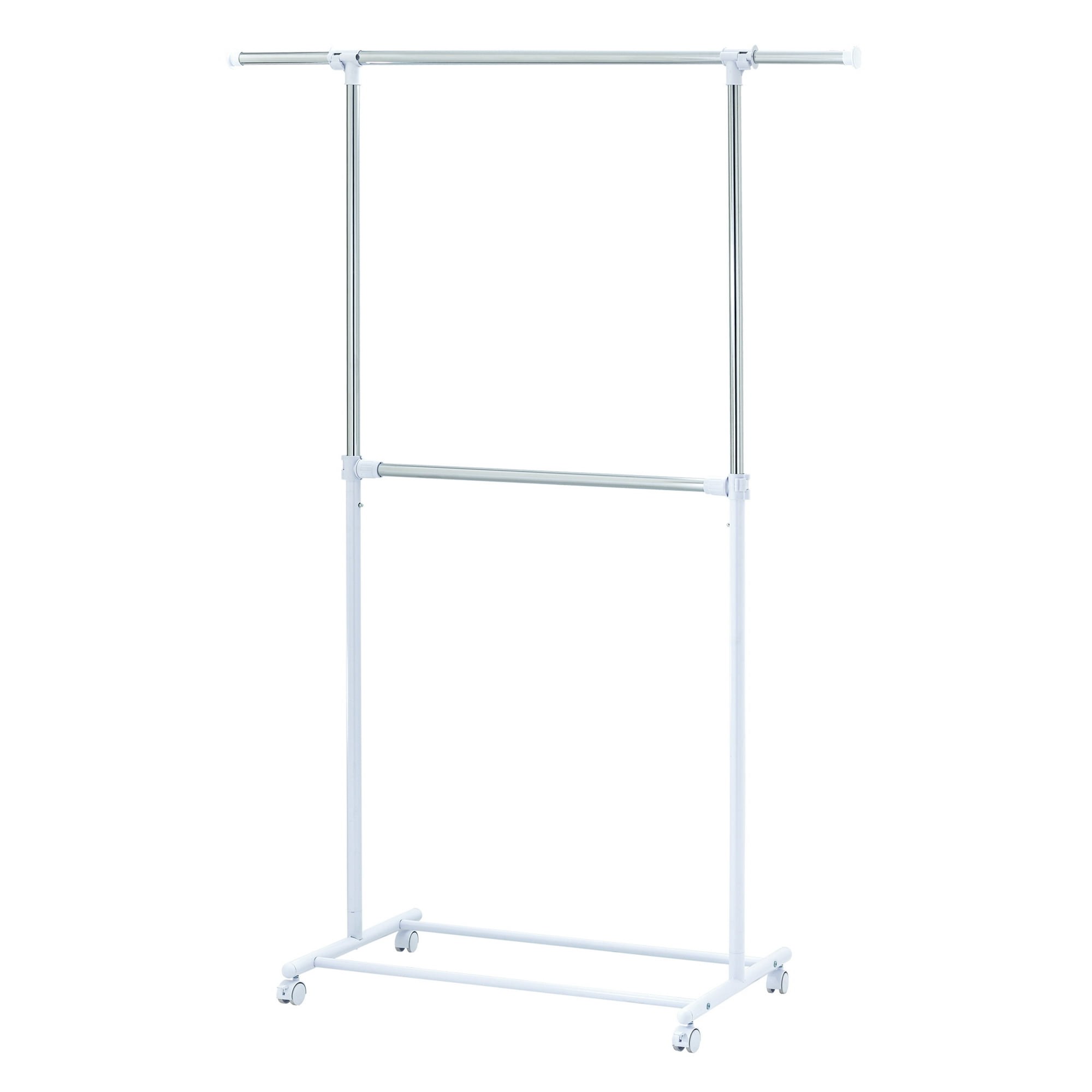 mainstays 2-shelf garment drying clothes rack - adjustable height, locking wheels, metal, silver/white - closet organization